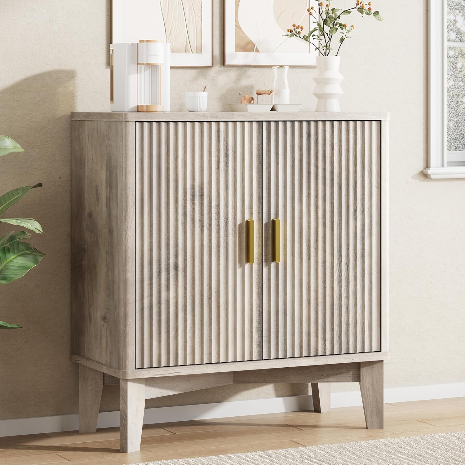 Xixini Fluted Sideboard Buffet Cabinet with Storage, 30" Mid Century Modern Coffee Wine Bar with Adjustable Shelves, Small Wood Buffet Table with 2 Doors for Kitchen, Living Room, Dining Room, Grey