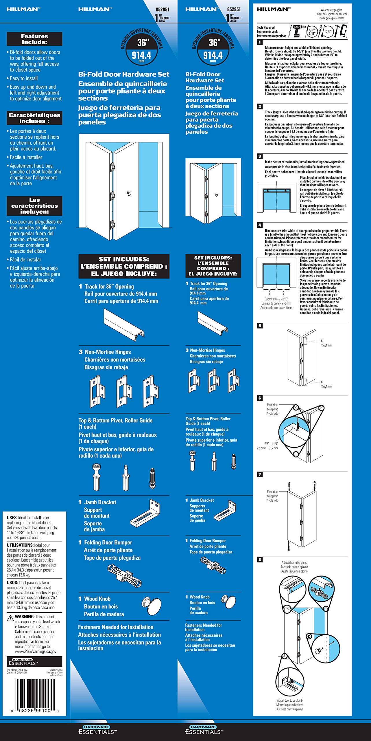 The Hillman Group Hardware Essentials Bi-Fold Door Hardware Set 36" Opening, 1-Kit (852951), Brass