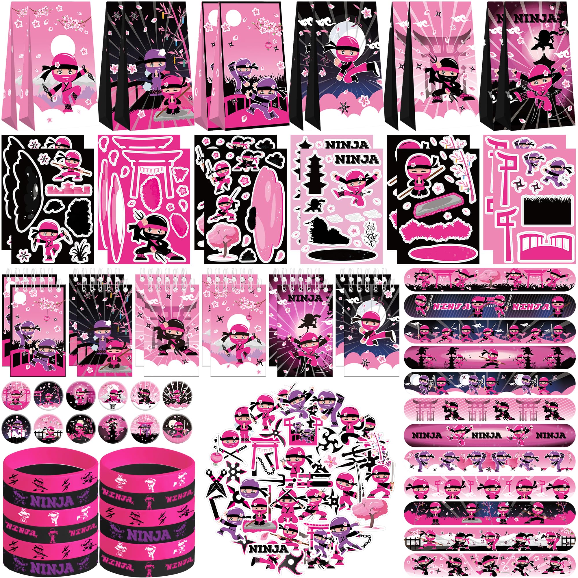 122PCS Girl Ninja Party Favors Set, 50 Stickers, 12 Assemble Stickers, 12 Button