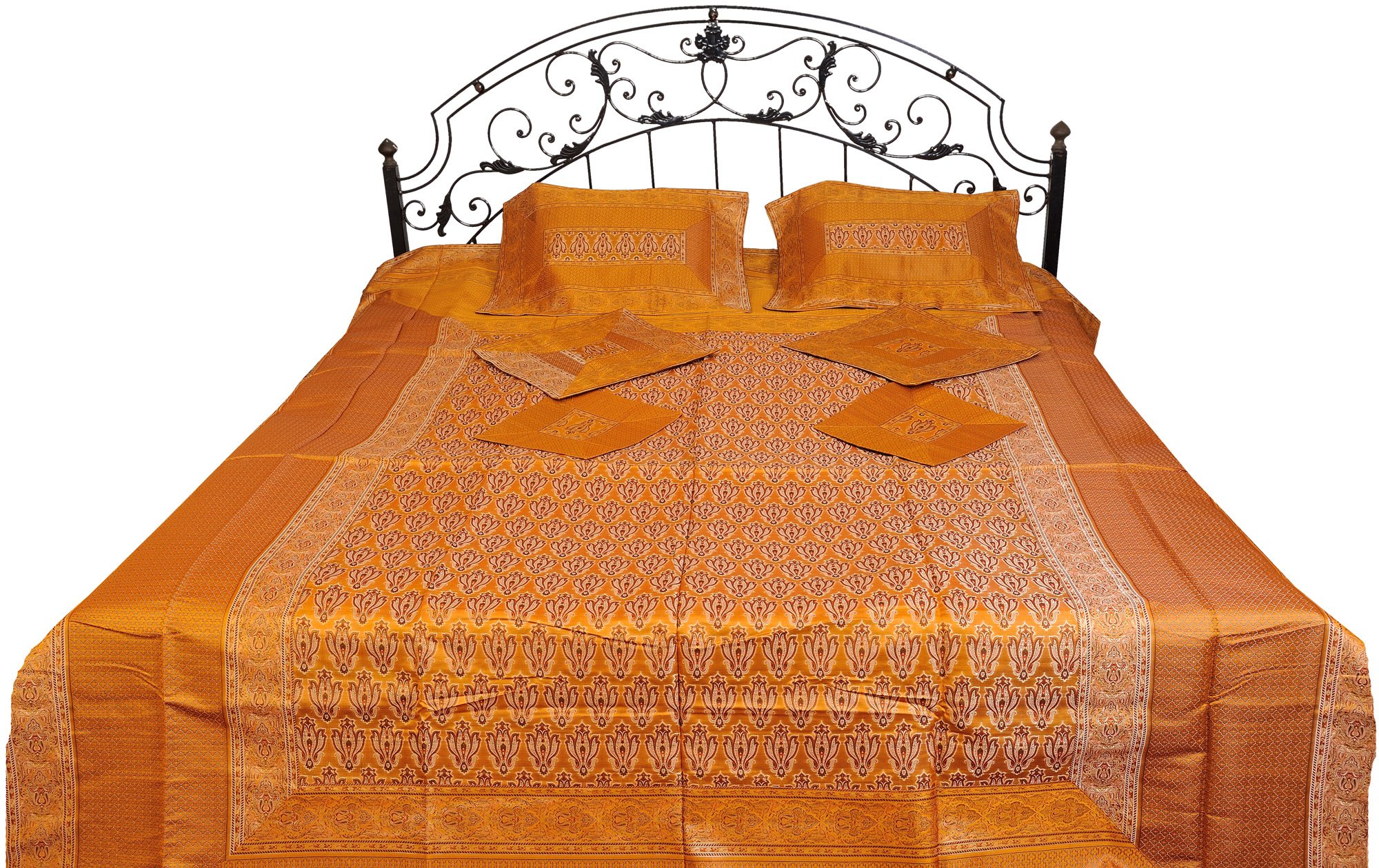 Exotic India Seven-Piece Banarasi Bedspread with Woven Flowers and Brocade Border - Pure Silk with C-image-3