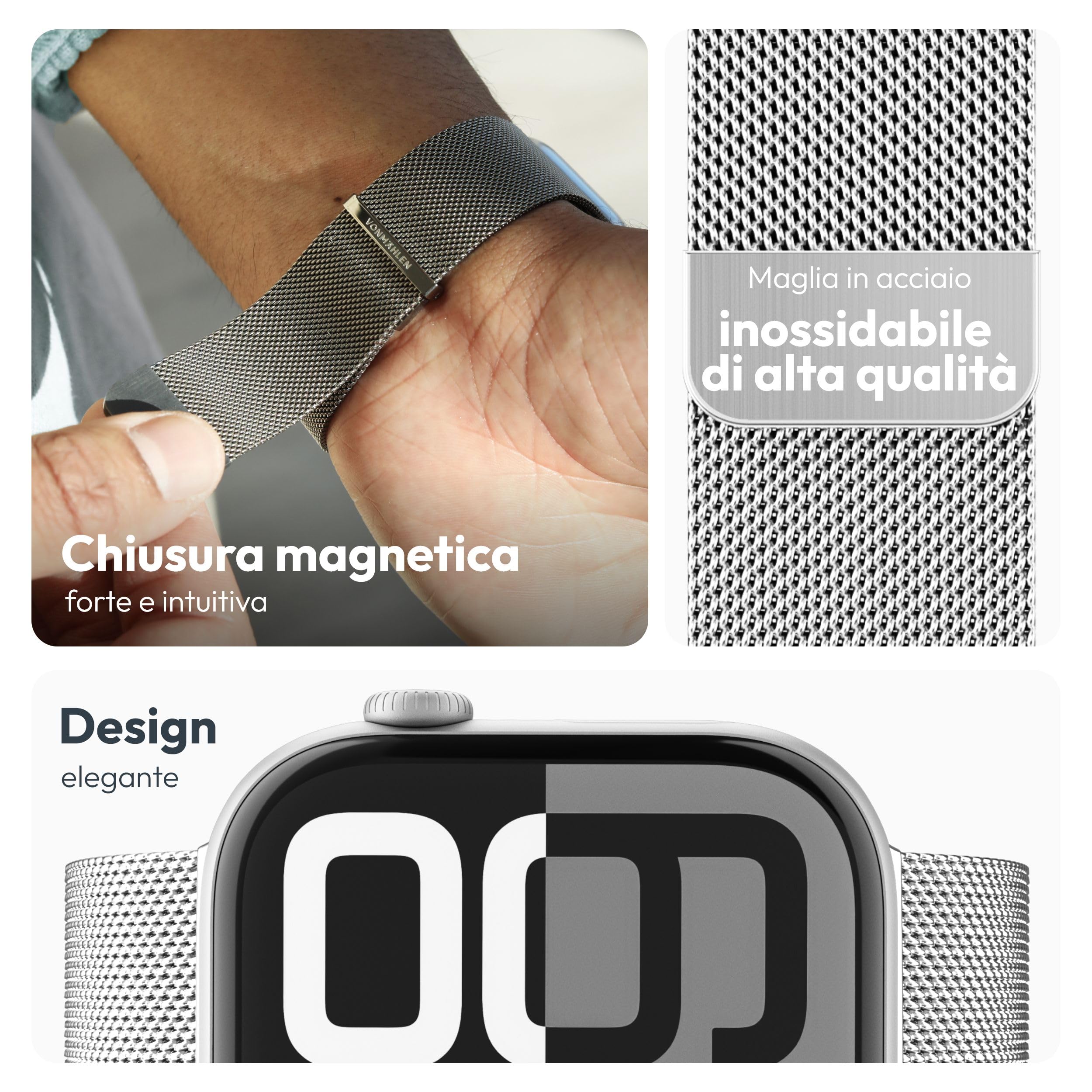 VONMÄHLEN Milanese Loop 2 - Cinturino in Maglia Milanese per Apple Watch, Chiusura Magnetica, Compatibile con Apple Watch Ultra 2, Design Elegante - Argento - 44 | 45 | 46 | 49 mm