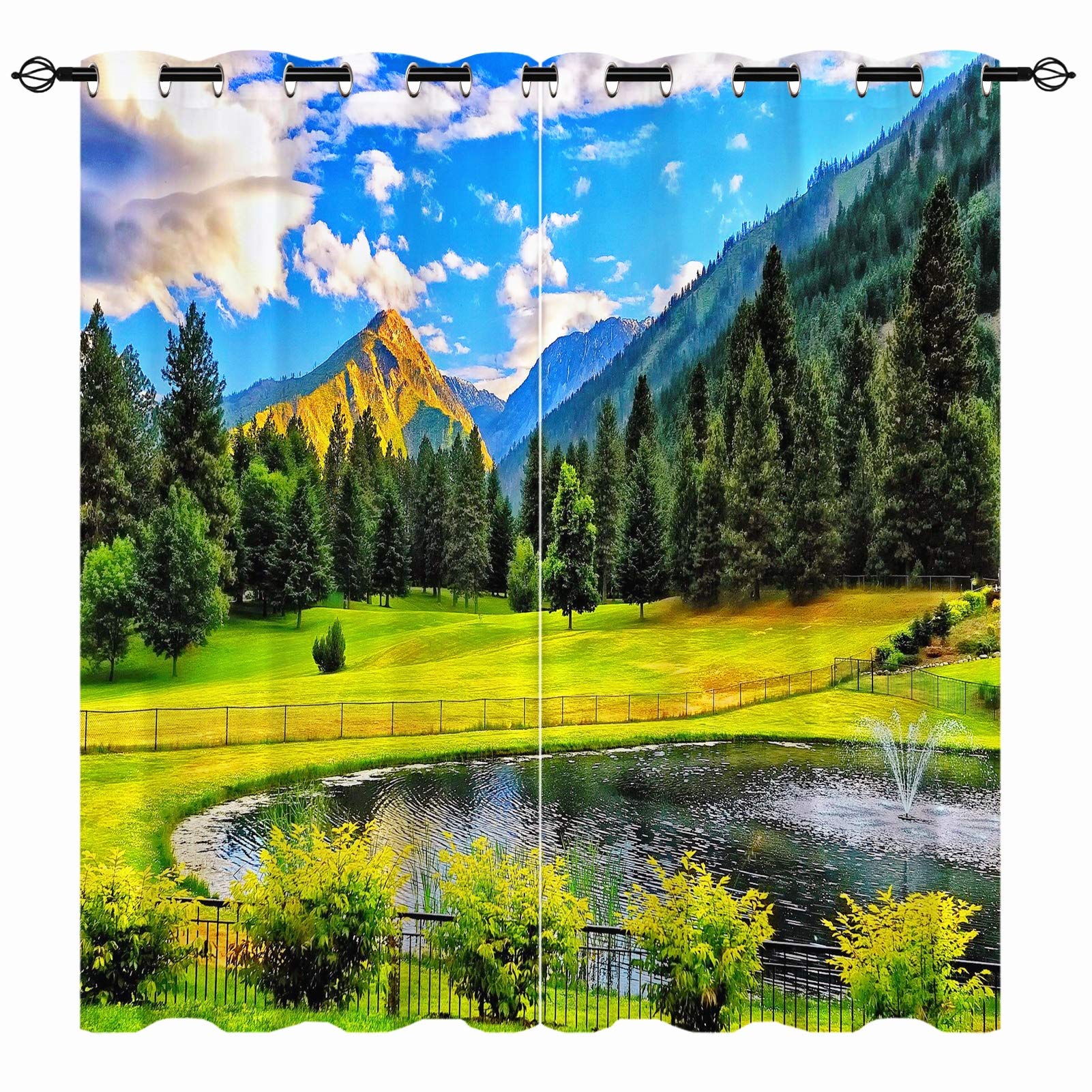 Yuanzu Multi 26 Landscape Curtains, Spring Nature Forest Woodland Mountain Lake Scenery 3D Print Patterned Eyelet Thermal Insulated Blackout Window Drapes For Bedroom Living Room 2 Panels W117cm X D137cm