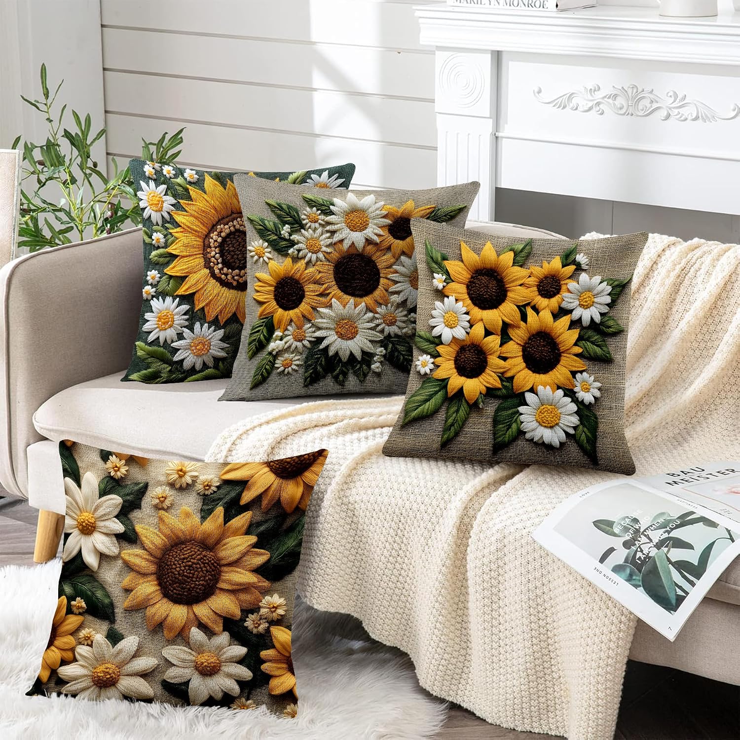 BVBOX Set of 4 Linen Throw Pillow Covers 18"x18", Soft Flax Sunflowers Decorative Pillow Cases, Double-Sided Modern Pillow Covers for Bed, Sofa, Couch, Living Room, Bedroom image 4