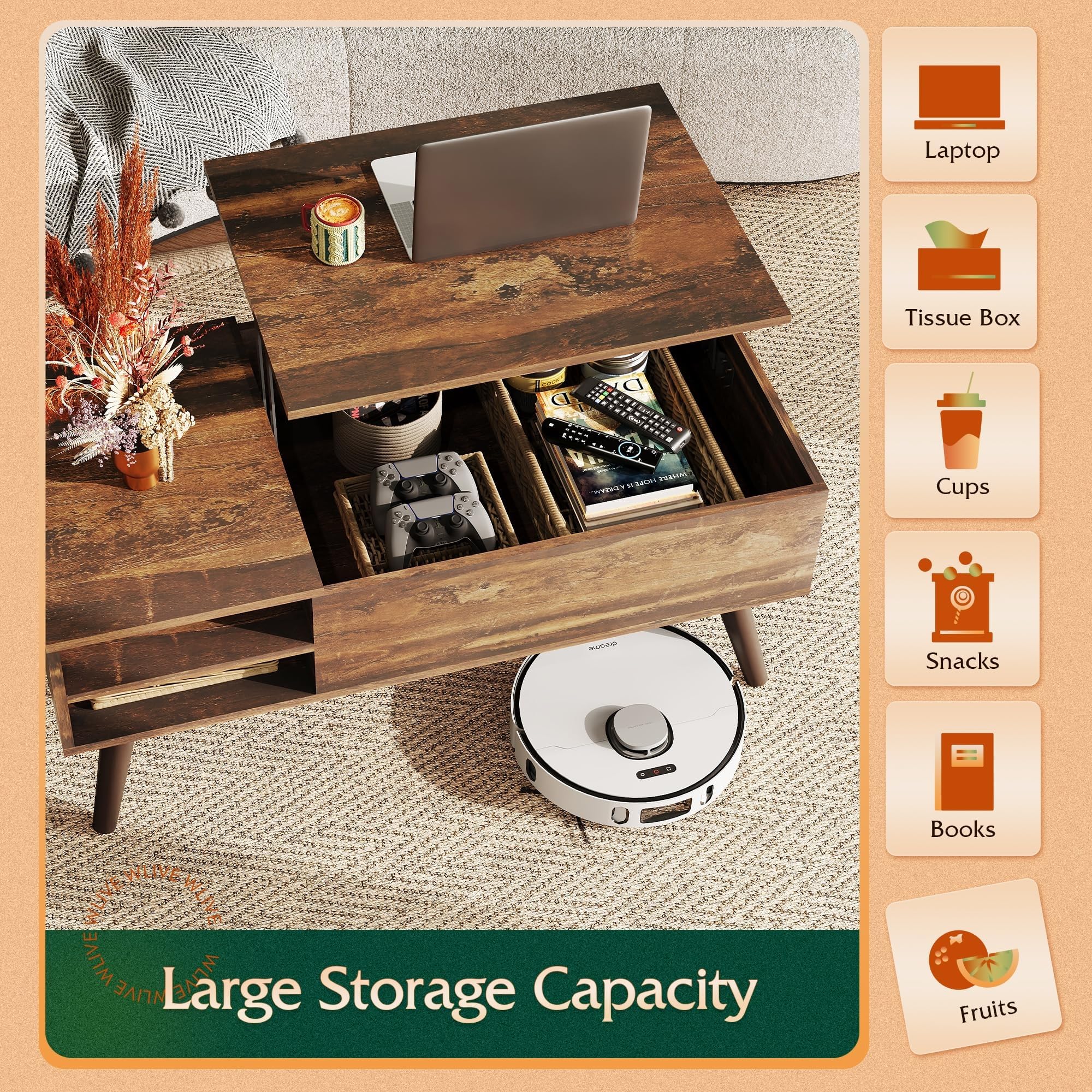 Best Coffee Table on Amazon: 2026 Picks Ranked 2 WLIVE Lift Top Coffee Table with Hidden Storage, Adjustable Shelf, Brown — product photo