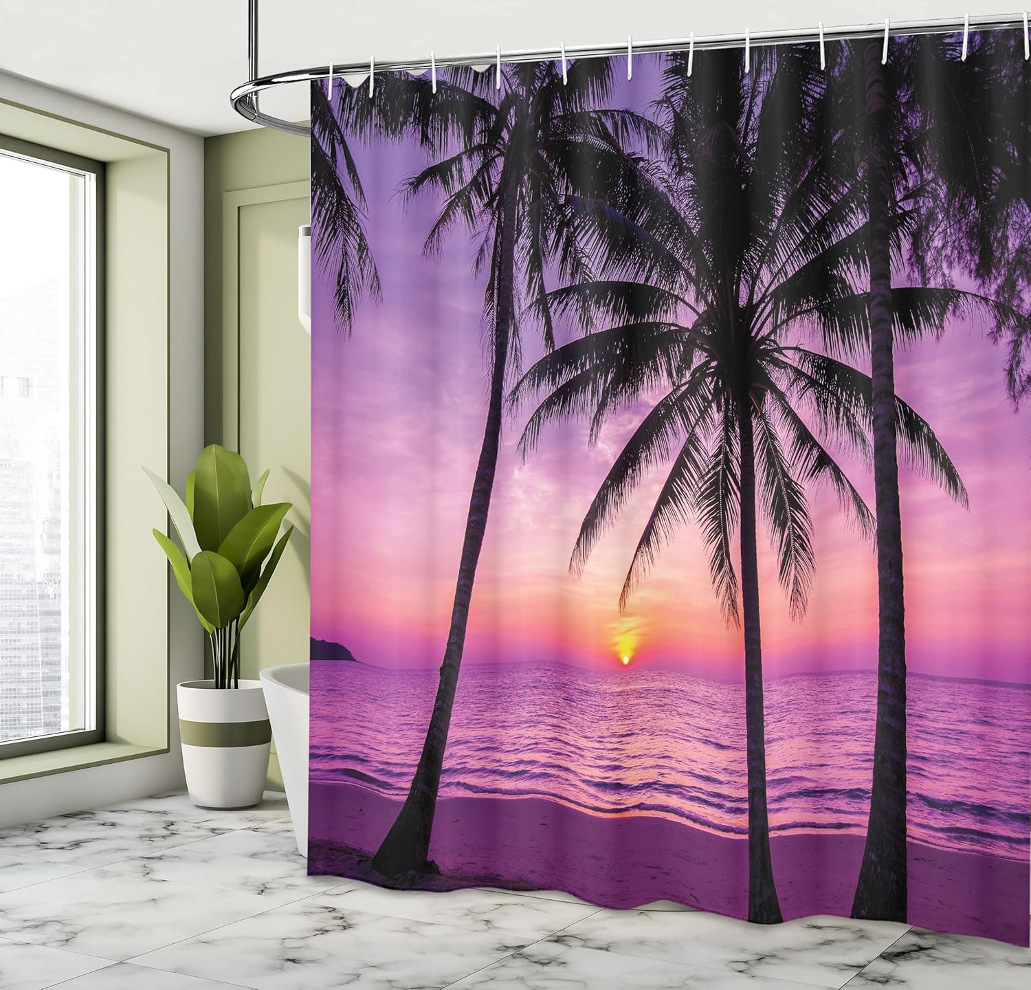 Ambesonne Ocean Shower Curtain, Palm Trees Silhouette at Sunset Dreamy Dusk Warm Exotic Twilight Scenery Image, Cloth Fabric Bathroom Decor Set with Hooks, 69" W x 70" L, Purple Black