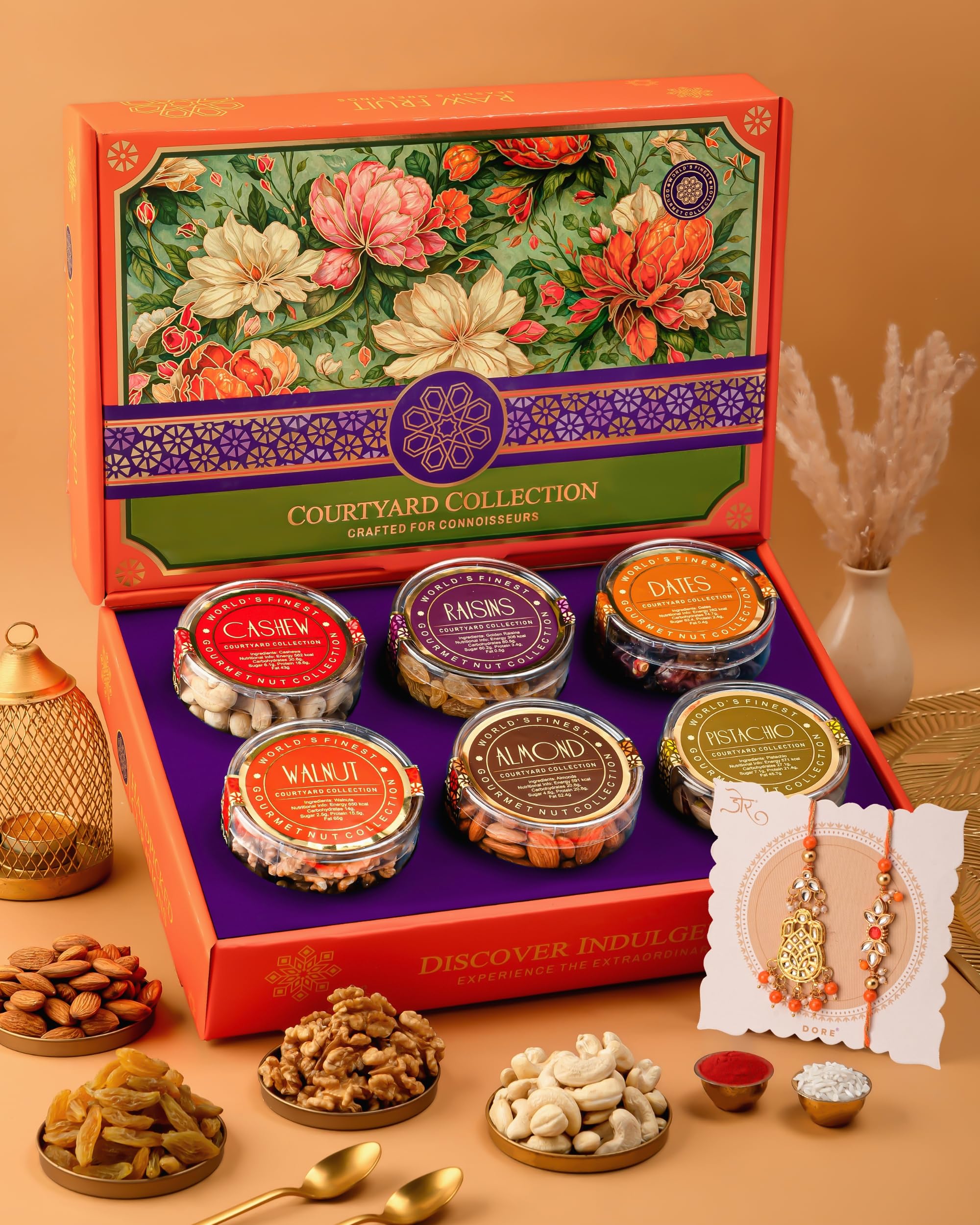 Hyperfoods® Rakhi for Brother and Bhabhi with Dry Fruits Gift Box (Dry Fruit Weight 745g) RawFruit Courtyard Collection Pack of 6 DryFruits Gift Pack Rakhi Hamper for Brother & Bhabhi