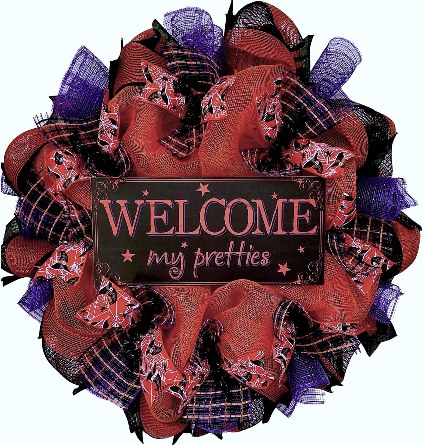 Welcome My Pretties Halloween Witch Wreath Handmade Deco Mesh Available in 24 inch and 28 inch diameters