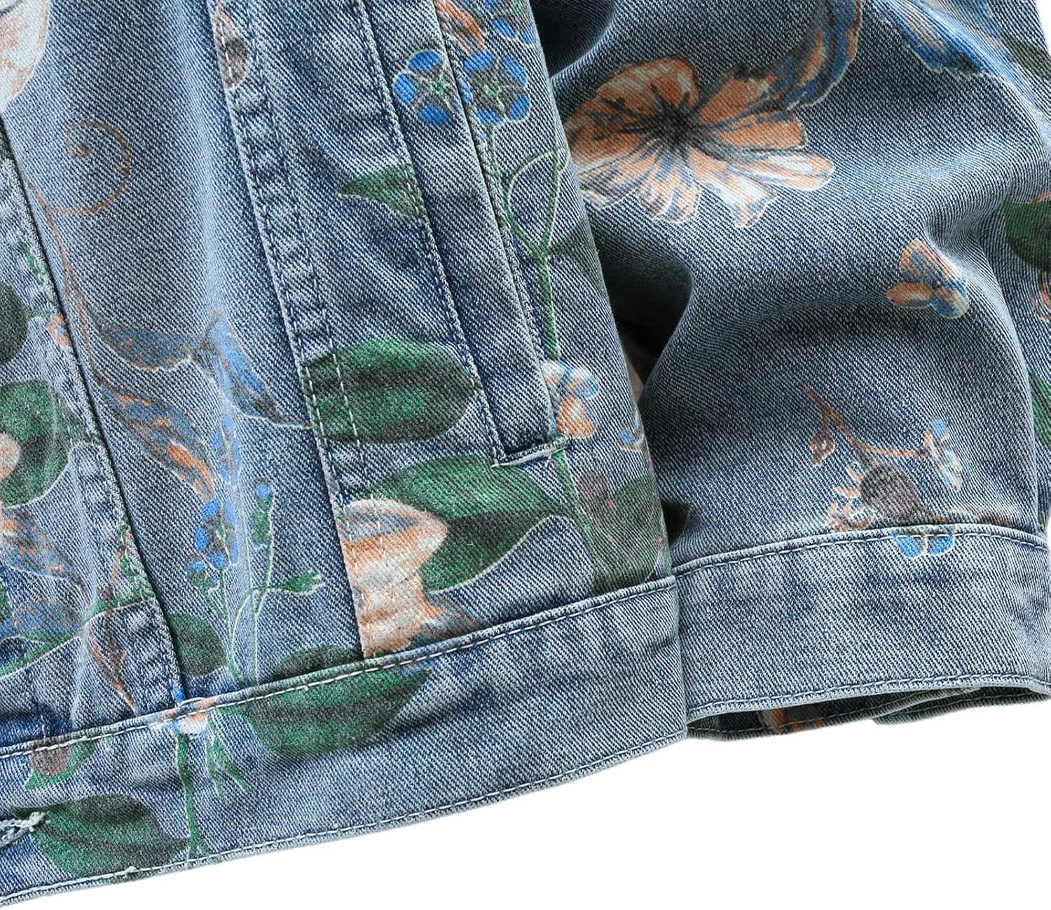 Mens Floral Print Denim Jacket Couple Oversized Jean Coat Unisex Basic Jacket - Image 8