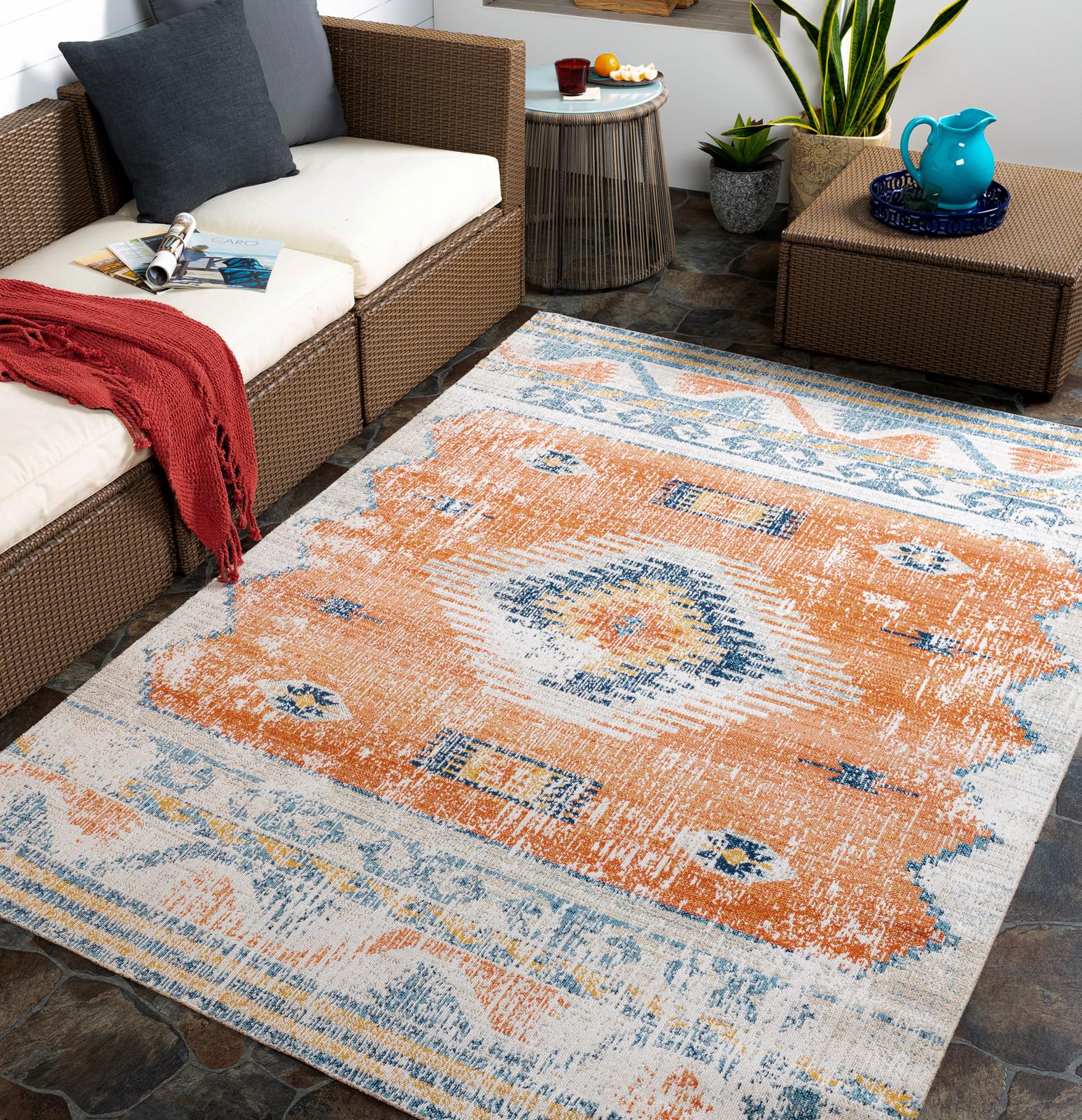 Livabliss Nawel Lusaka Indoor Outdoor Floor Covering 200x275 cm – Boho Pattern for Living Room, Patio & Kitchen, Waterproof & Stain-Resistant, Rust & Blue