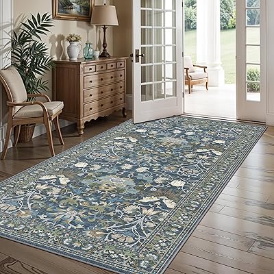 4x8 Washable Kitchen Area Rug: Farmhouse Stain-Resistant Elegant Floral Rug for Living Room Bedroom Wide Soft Carpet for Entryway Bathroom Thin Hallway Floor Mat with Non Slip Backing(4x8,Floral/Blue)
