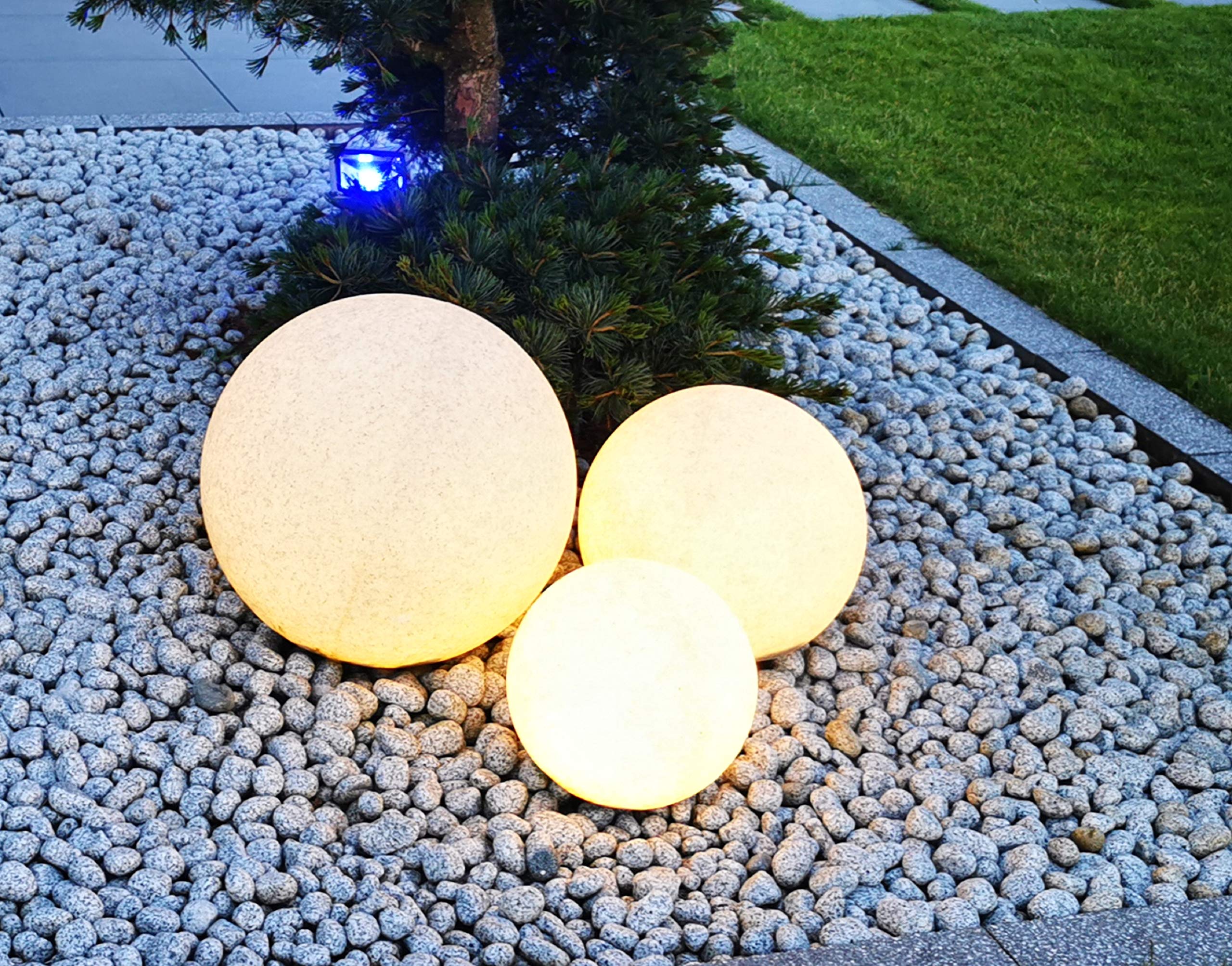 Trango Boule de Jardin 200G IP65 en Aspect Pierre de Granit de 20 cm de diamètre *Nature* avec câble d'alimentation IP44 de 5 mètres avec 1x Douille E27, Boule Lumineuse, lumière extérieure
