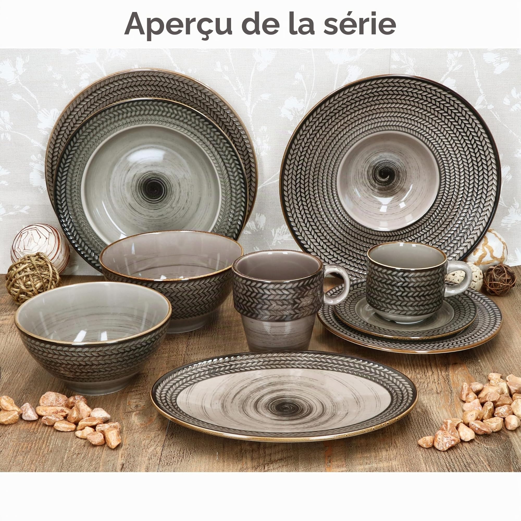 MÄSER Prospero Lot de 6 assiettes à pâtes I Ø 26 cm 180 ml I Assiettes en porcelaine marron avec relief pour 6 personnes I Assiettes creuses pour soupe, salade, etc. I Assiettes à pâtes avec large