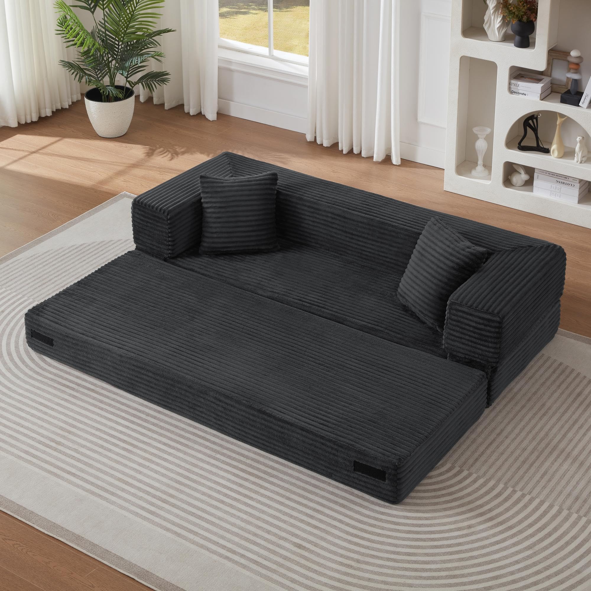 Canapé Convertible 3 Places, Canapé Lit Multifonctionnel Moderne, Canape Compressé et 2 Coussins Rambarde avec Poche de Rangement, pour Salon, Chambre