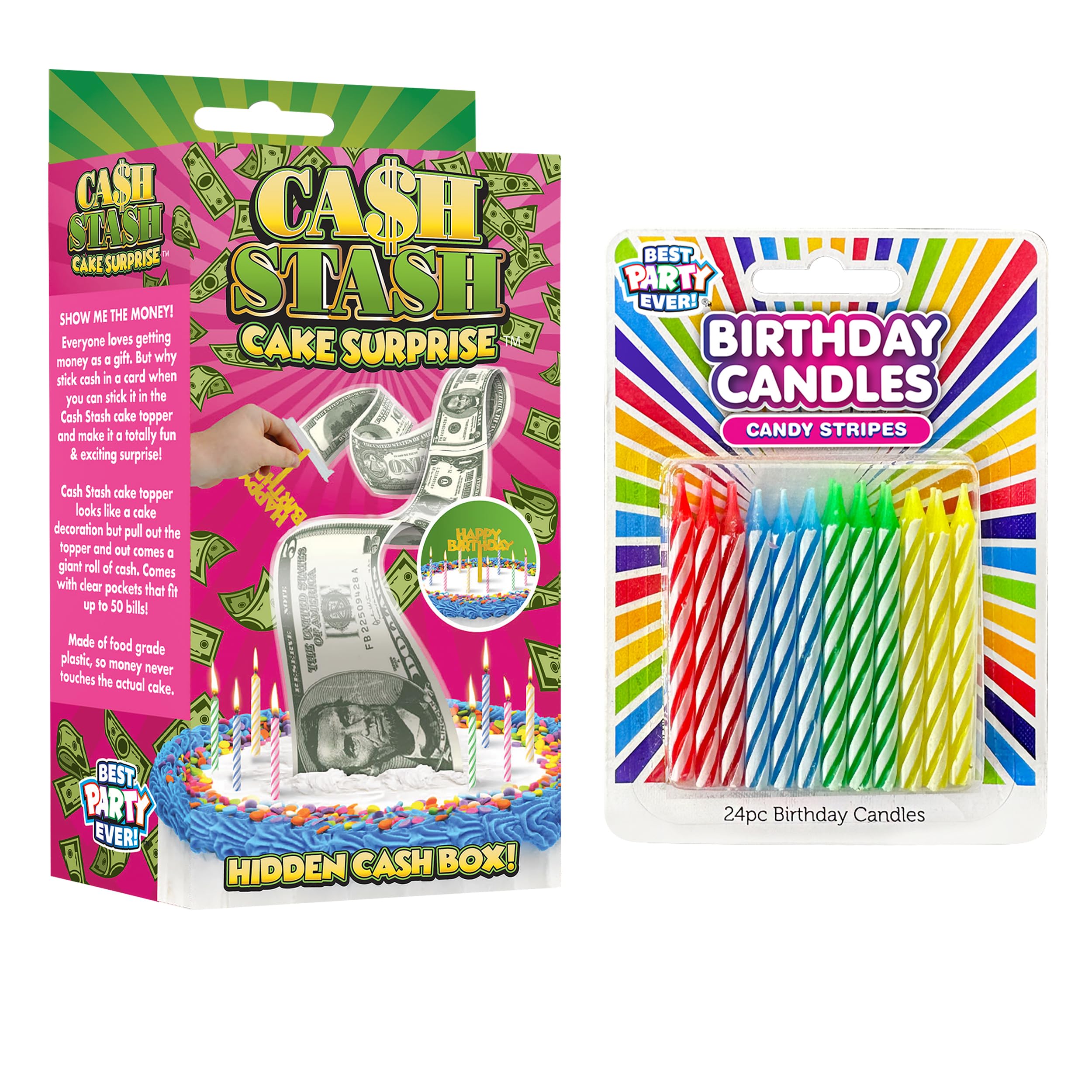 BEST PARTY EVER! Cash Stash Cake Surprise Candle Set, Pull Out Money Box for Birth Day Cakes with 24 Candles, Holds Up to 40+ Bills, Birthday Topper