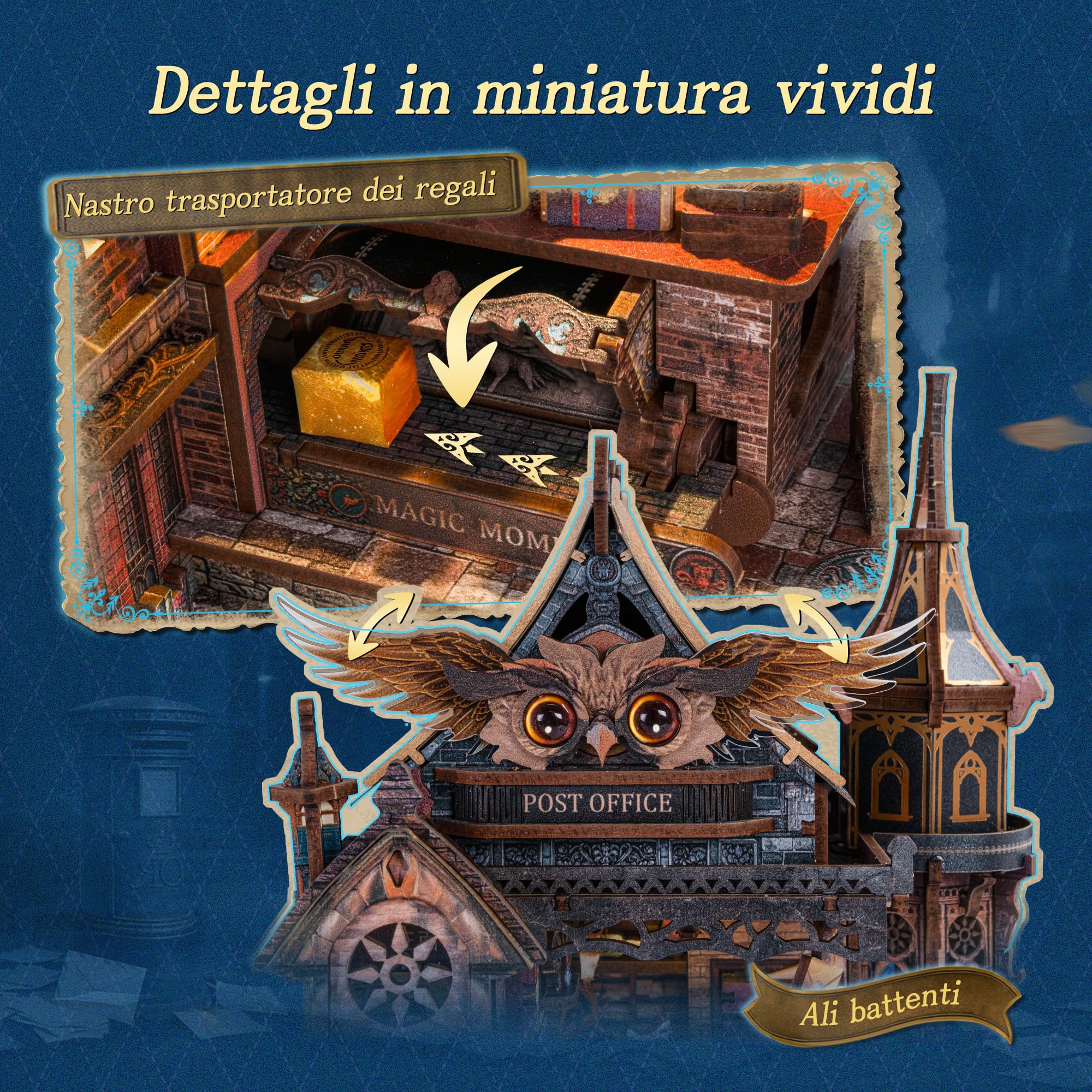 FUNPOLA Puzzle 3D in legno con LED Ufficio Postale del Gufo – Modello dinamico con ingranaggi meccanici, kit miniatura DIY con musica e luci LED, regalo decorativo per adulti e ragazzi