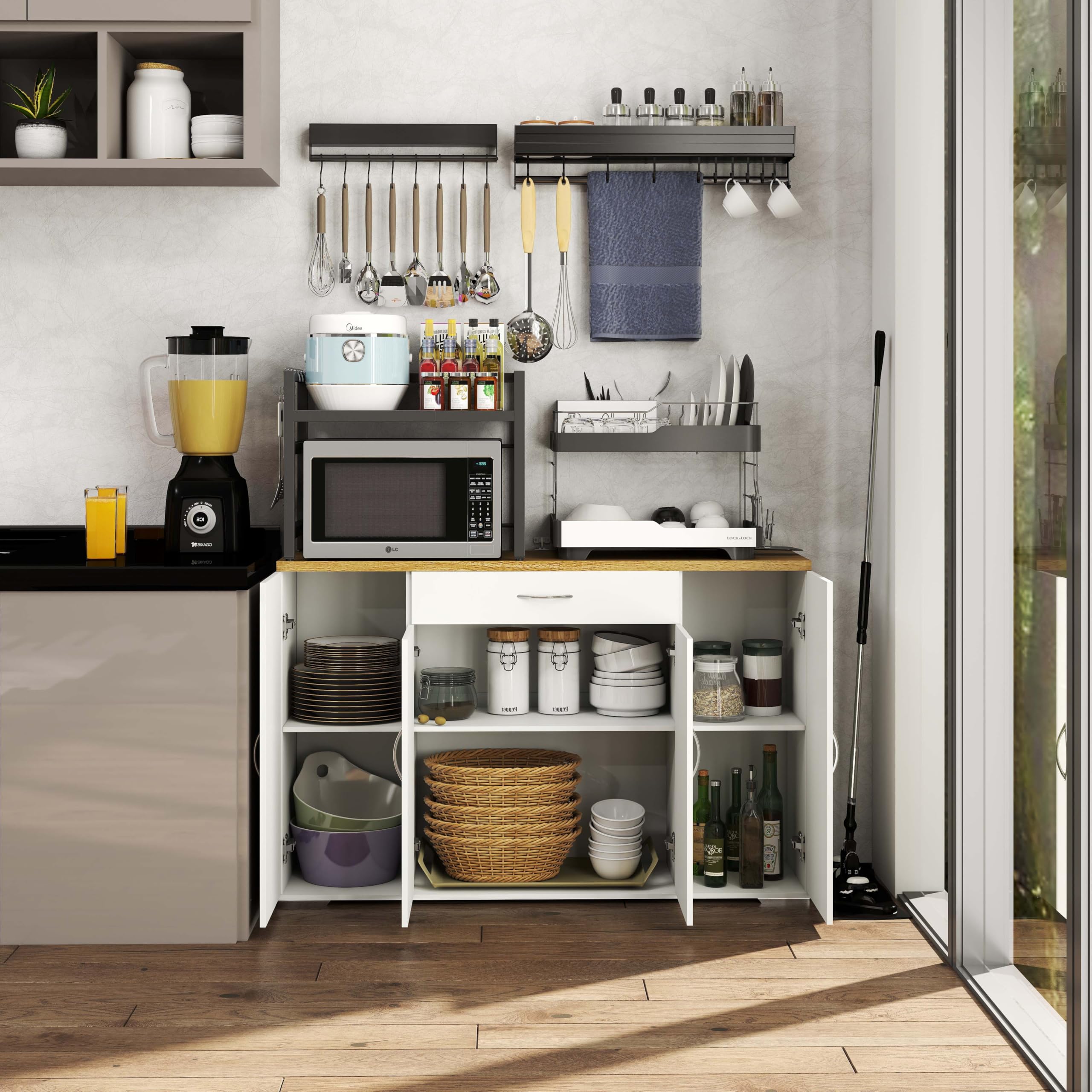 hitsuki Credenza Cucina Bianca 110 x 30 x 70 cm Mobiletto Cucina Salvaspazio Mobile Dispensa Cucina con 4 Ante e 1 Cassetto Madia Mobile da Cucina per Soggiorno Ingresso Corridoio