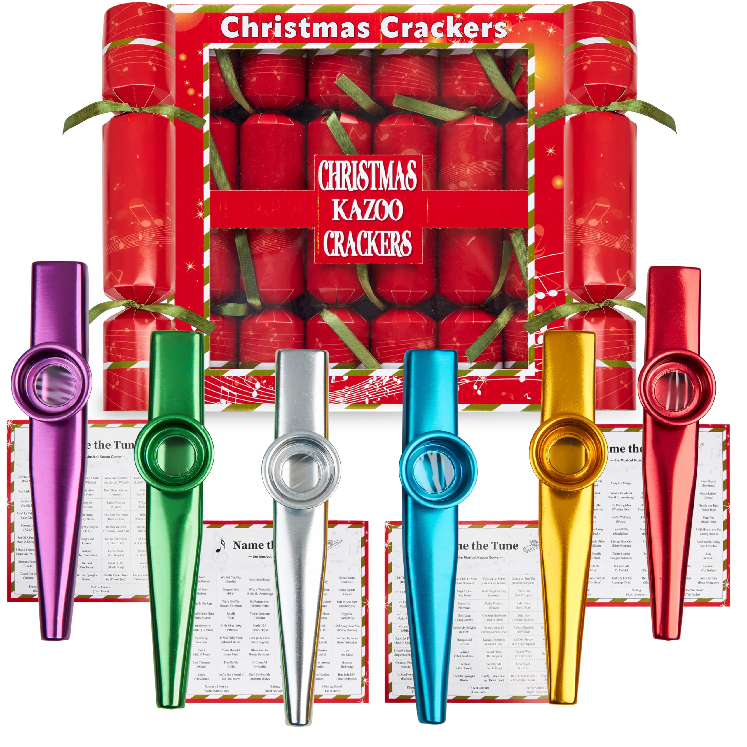KreativeKraft Luxury Christmas Crackers, Pack of 6 Deluxe Xmas Crackers with Toys Jigsaw Puzzles or Kazoo, Fun Novelty Christmas & Party Table Gifts (Multi Kazoo)