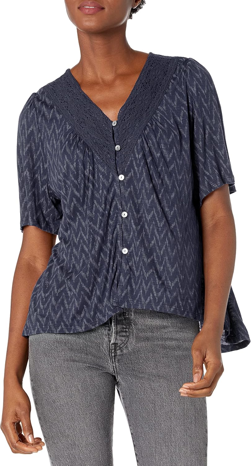 Lucky Brand Women's Flutter Sleeve Button Up Embroidered Boho Blouse