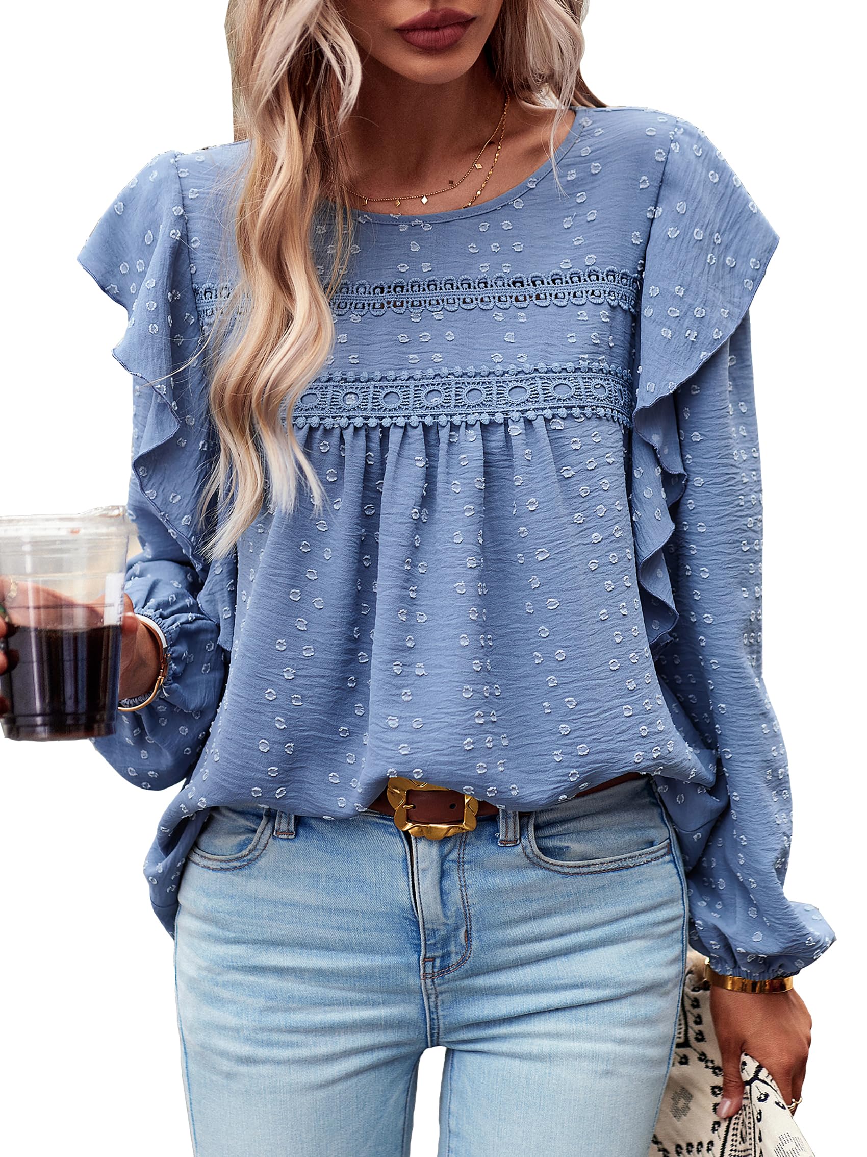 MYCOLORBLUE Blusen Tuniken für Damen Elegant Rüschenärmel Swiss Dot Spitzenbesatz Vorne Falten Streetwear Rundhals Bluse