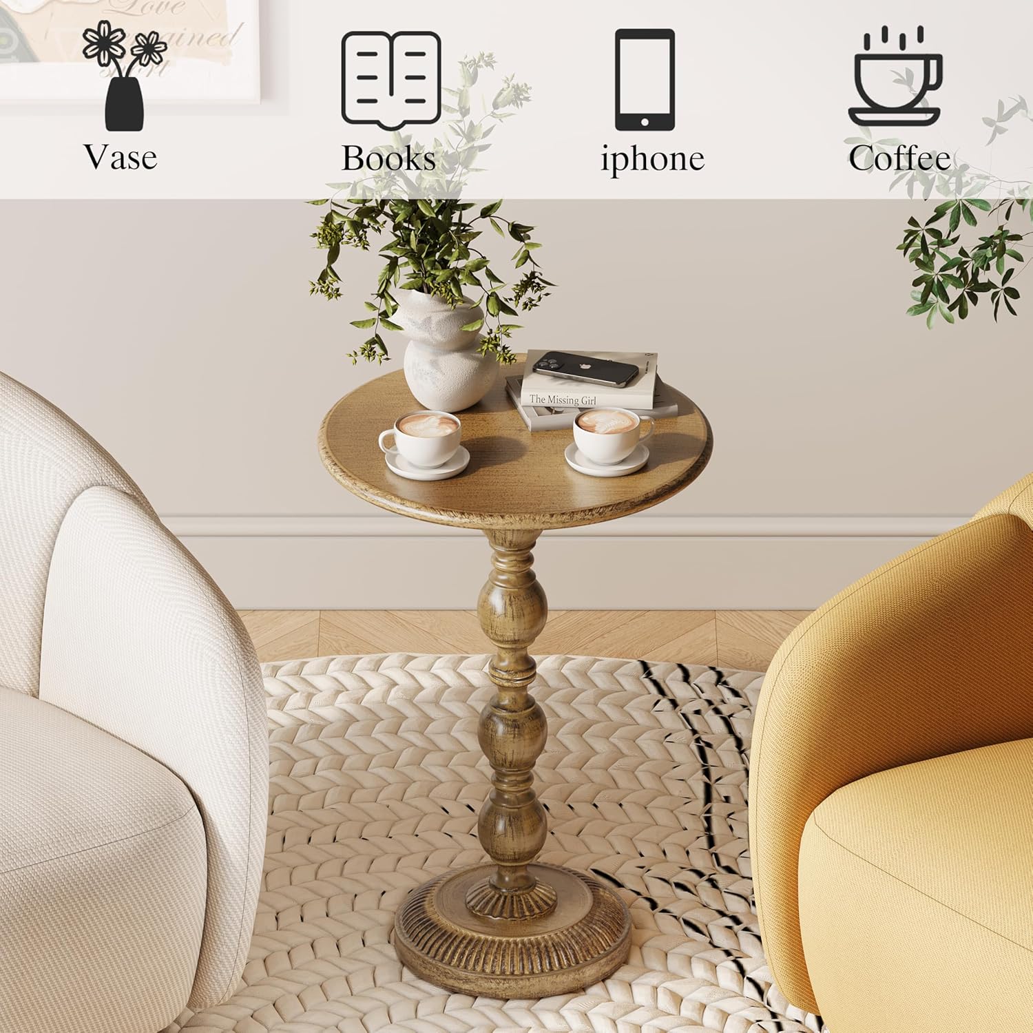 Small Round Metal Side Table, Lightweight Decorative Drink Table with Vintage Roman Column, Retro Distressed Accent Table for Living Room, Bedroom, Corners (2, Bronze)