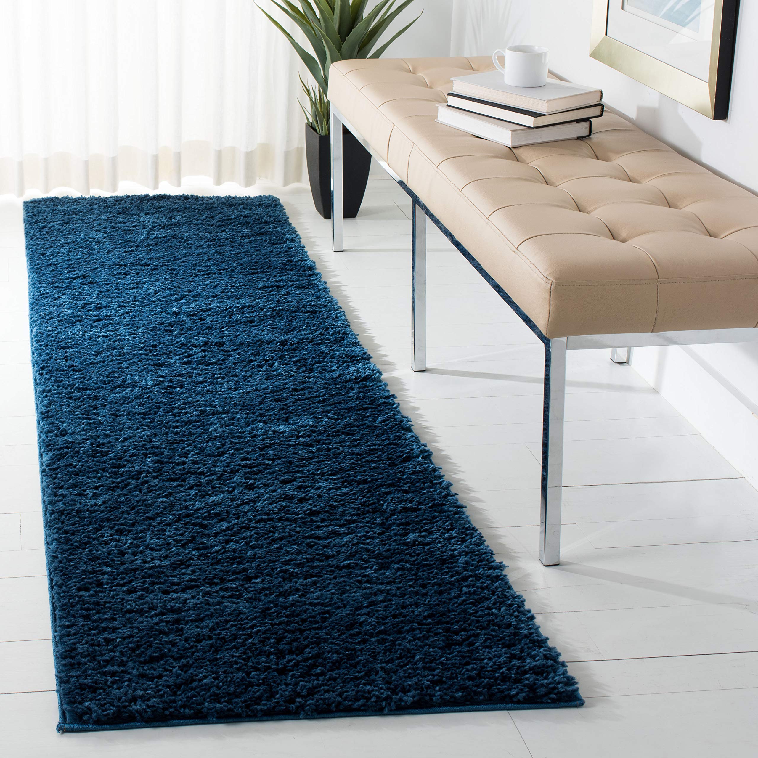 SAFAVIEH August Shag Collection Runner Rug - 2'3" x 10', Navy, Solid Design, Non-Shedding & Easy Care, 1.2-inch Thick Ideal for High Traffic Areas in