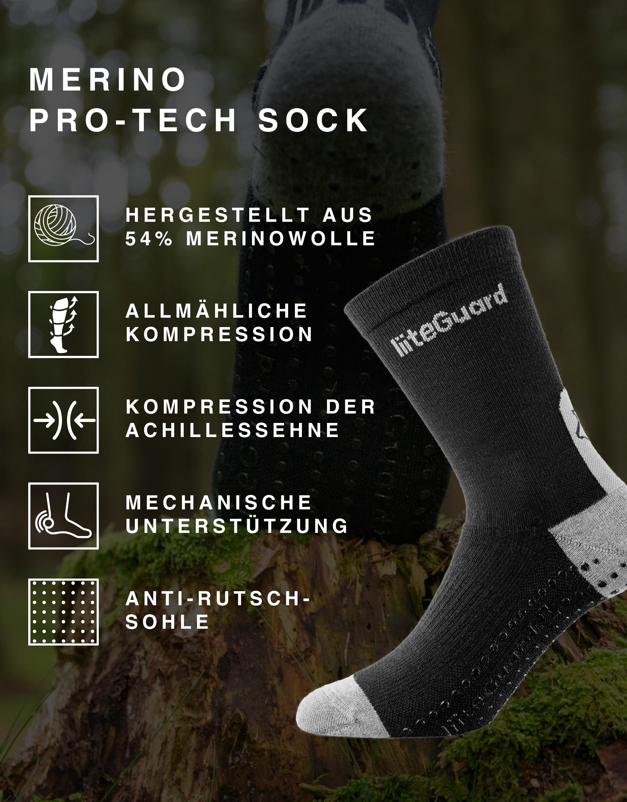 liiteGuard Merino PRO-TECH Running Chaussettes de Compression Homme Femme Chaussettes de Compression Sport Running Football Anti-Ampoules Chaussettes de Course Hiver