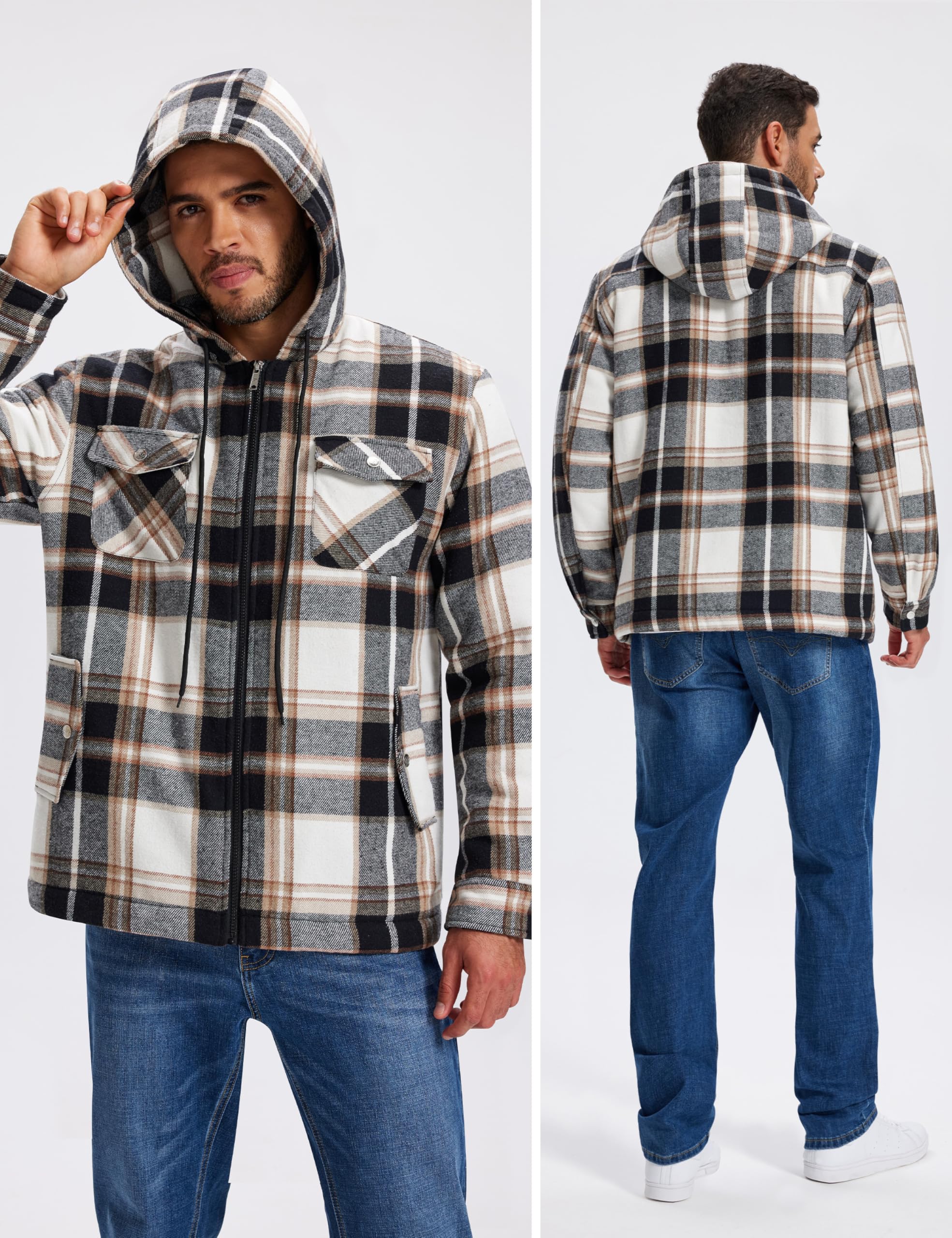 MoFiz Herren Karierts Flanellhemd Gefüttert Hemdjacke Thermo Kapuzenhemd Langarm Freizeithemd Baumwolle Reißverschluss Winterjacke Warm Dicke Holzfällerhemd mit Kapuze