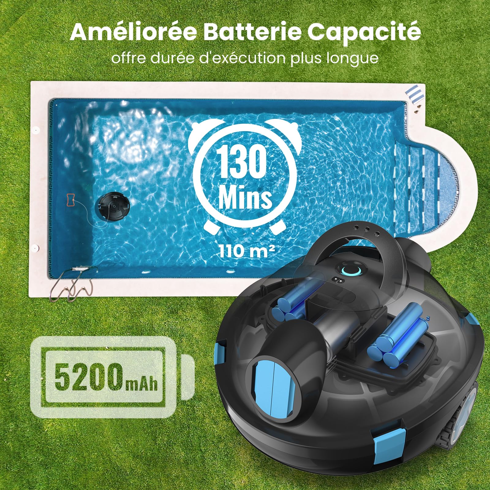 Robot Piscine, Robot Piscine sans Fil Y10 | Aspirateur Automatique et Puissant, 130 Minutes d'Autonomie & Auto-Stationnement, Conçu pour Bassins Enterrés et Piscines à Fond Plat jusqu'à 110 m²(Noir)