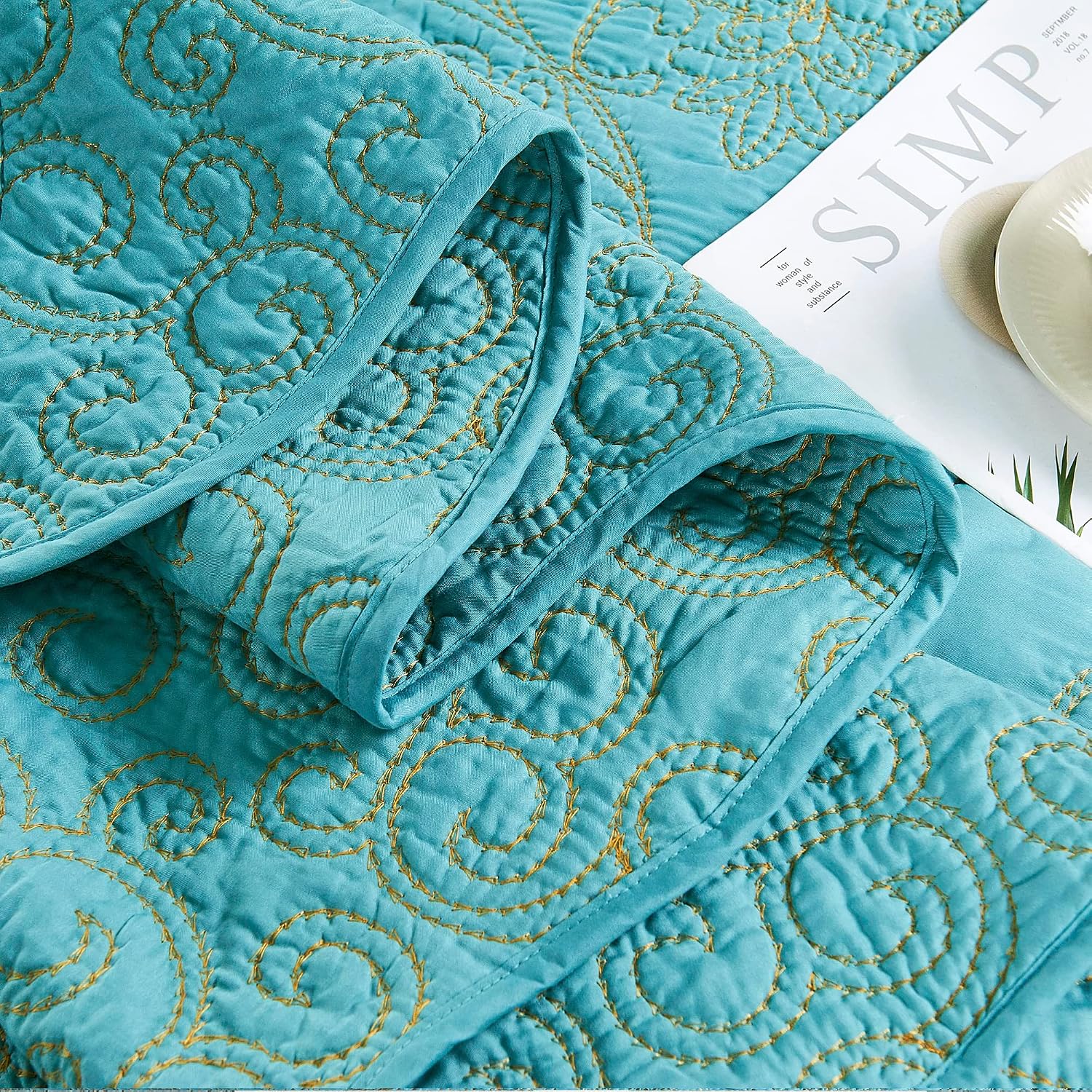 HESTIN 4 Piece Damask Paisley Pattern Quilt Microfiber Soft Lightweight Coverlet Embroidered Bedding Set with Beautiful Stitching for All Season, 90" x 90", Verdigris