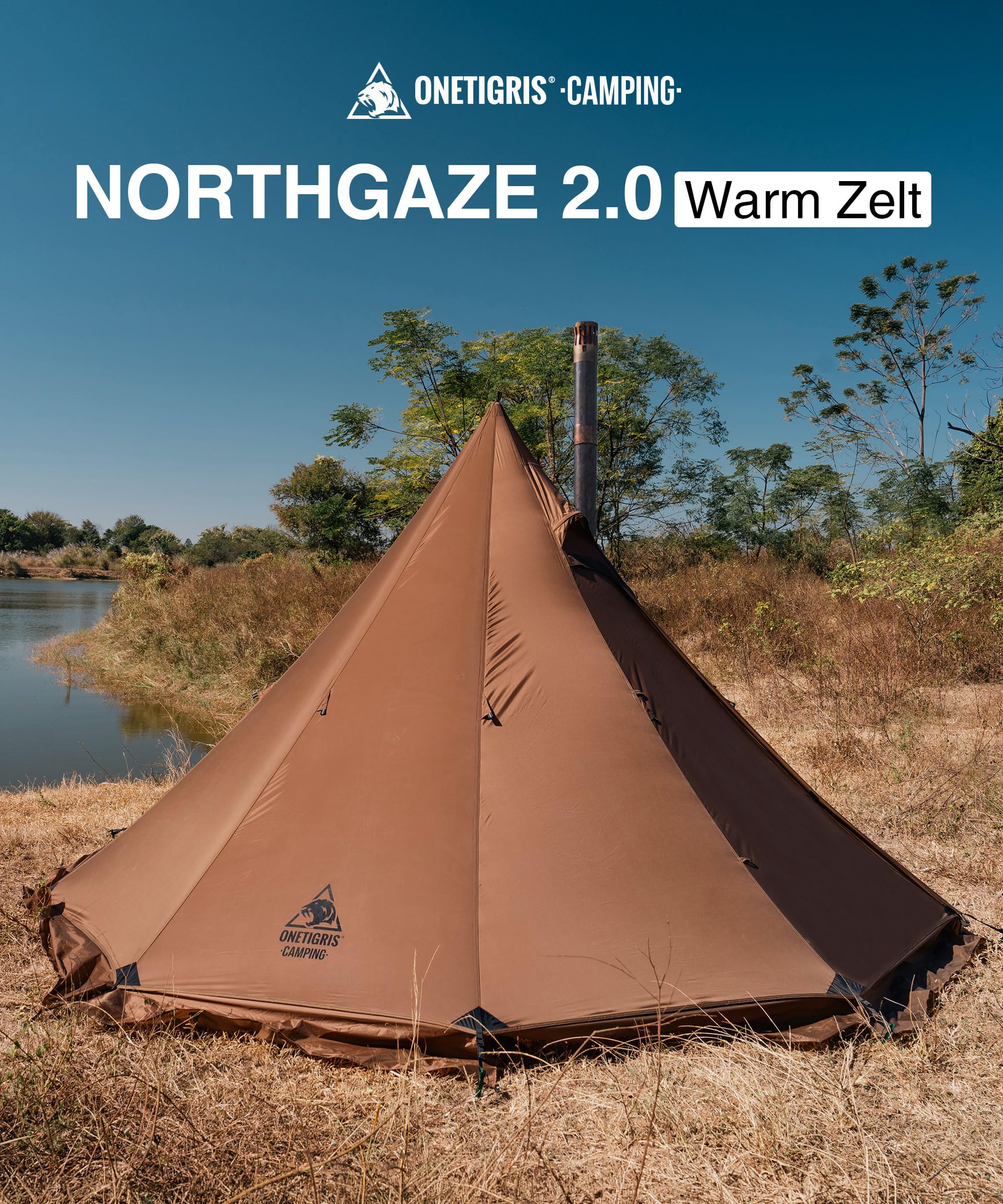 OneTigris NORTHGAZE 2.0 Tipi Zelt für 2–4 Personen Outdoor Camping Zelt mit Ofenloch Abdeckung 4 Jahreszeiten Zelt wasserdicht 3000mm Pyramidenzelt (Nylon)