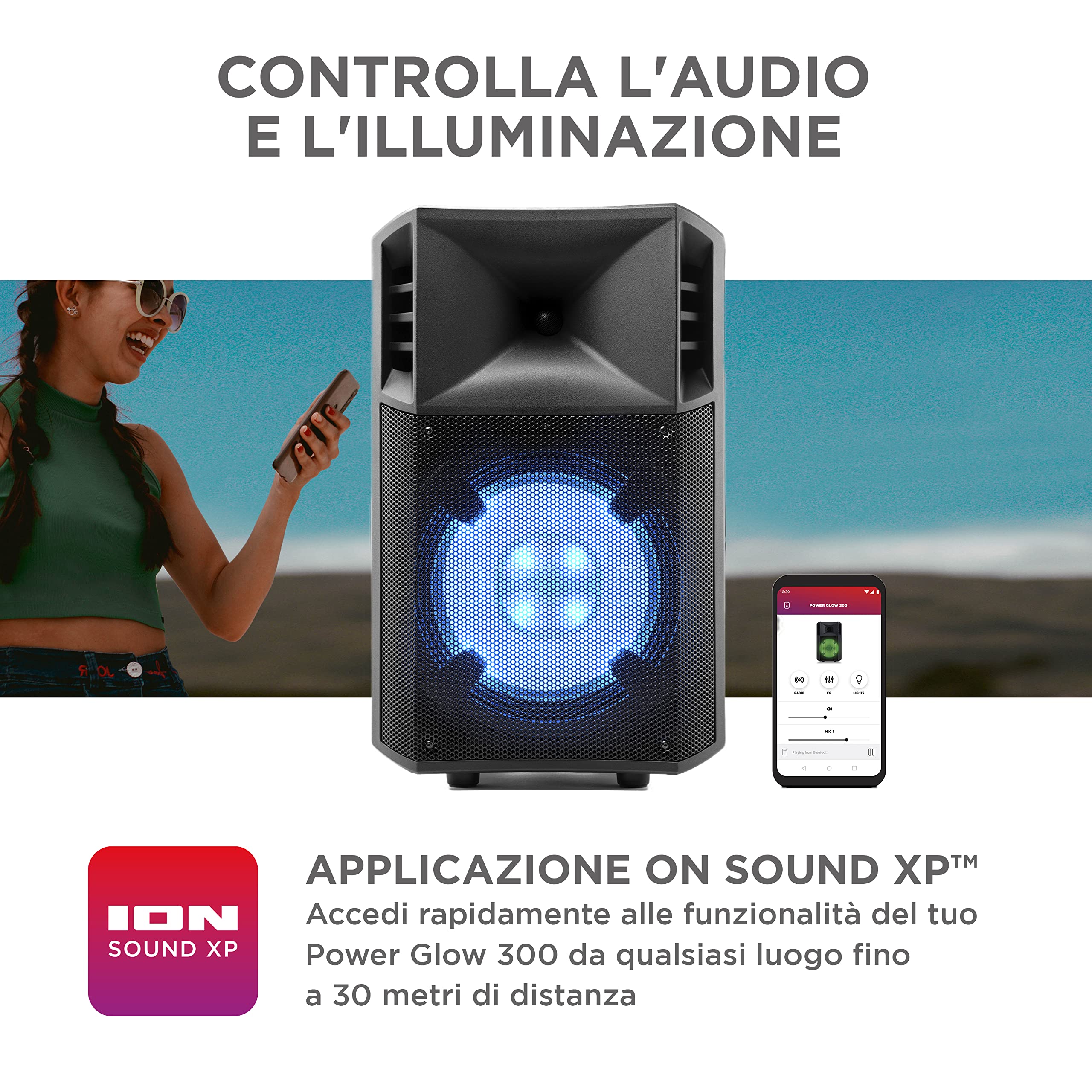 ION Audio Power Glow - Cassa Bluetooth Amplificata Potente da 300 Watt con Мicrofono Karaoke, Luci, Mixer Audio Multicanale e Batteria Ricaricabile, Nero