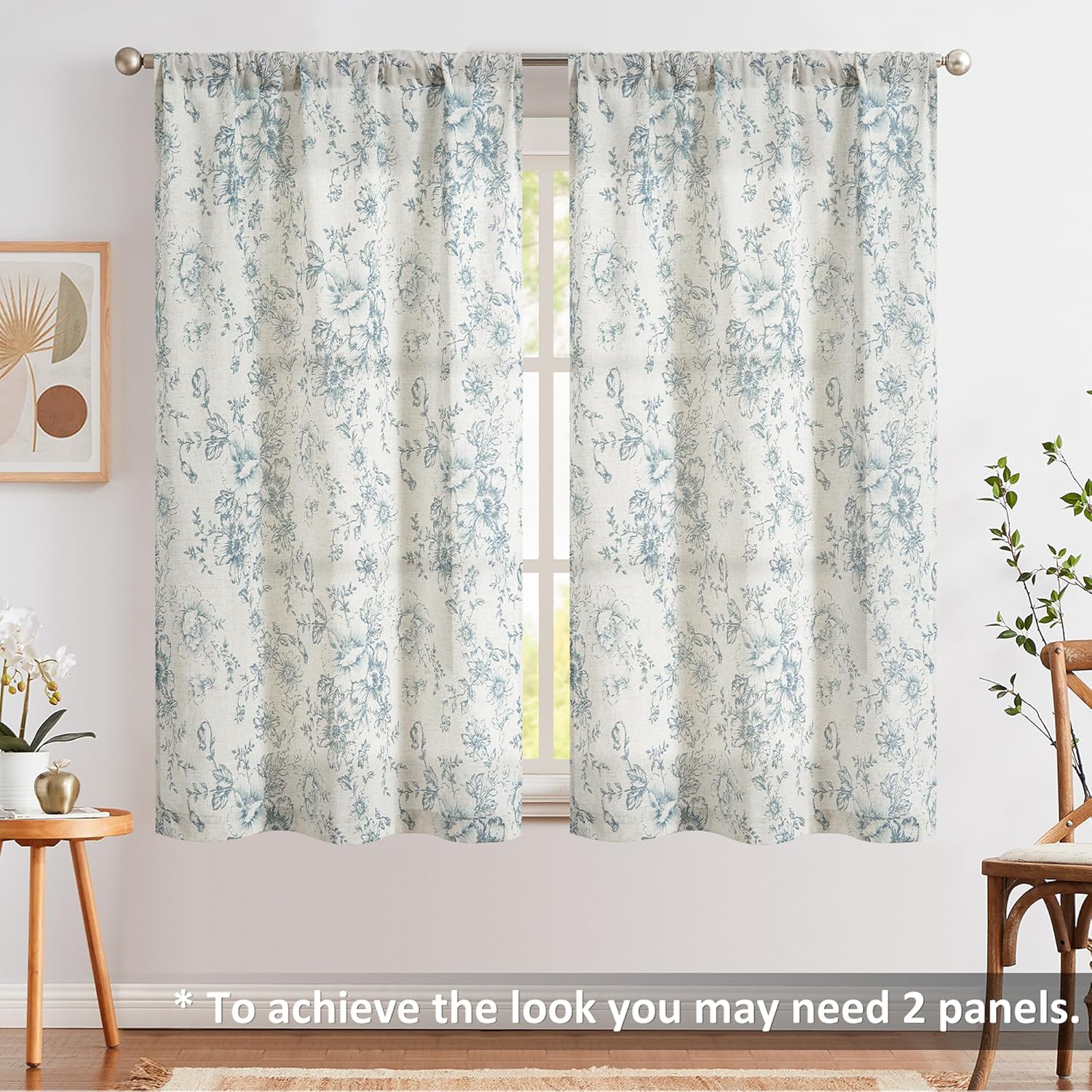jinchan Tie Up Valance Curtain Floral Linen for Windows Farmhouse Valance 45 Inch Peonies Botanical Short Window Treatment Adjustable Length for Kitchen Living Room Light Filtering 1 Panel Blue