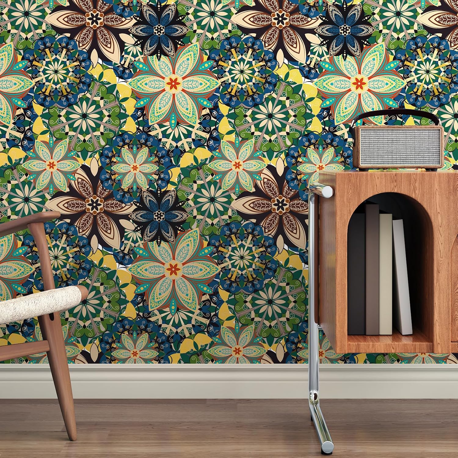Peel and Stick Boho Wallpaper - Green Yellow Blue Floral Vintage Self Adhesive Contact Paper for Accent Wall, Backsplash, Cabinets - Bohemian Style 17.5"x102"