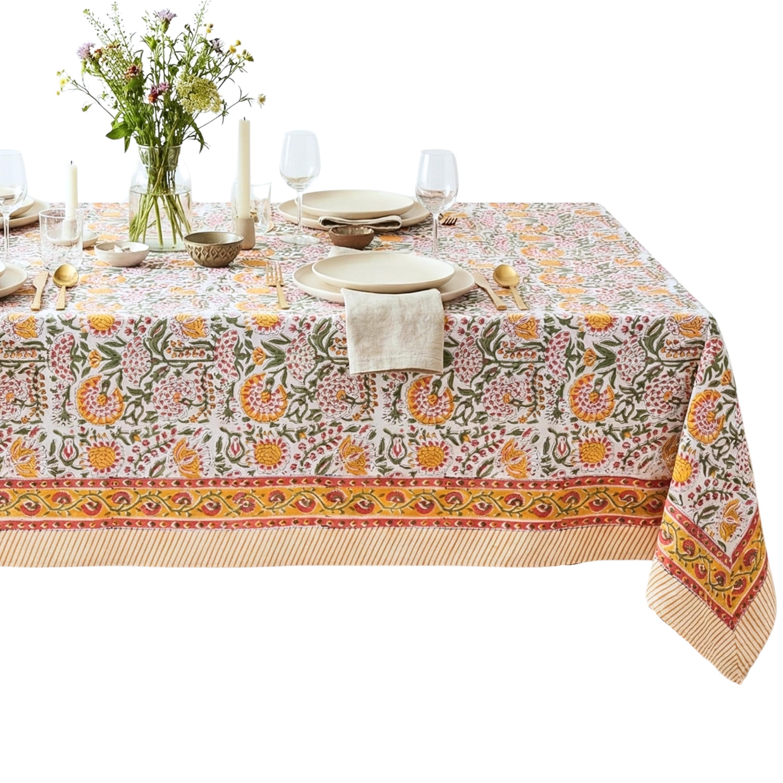 ATOSII Clover Yellow 100% Cotton Rectangle Fall Tablecloth, Handblock Floral Print Linen Table Cloth for Kitchen Dining I Parties, Weddings, Outdoors,