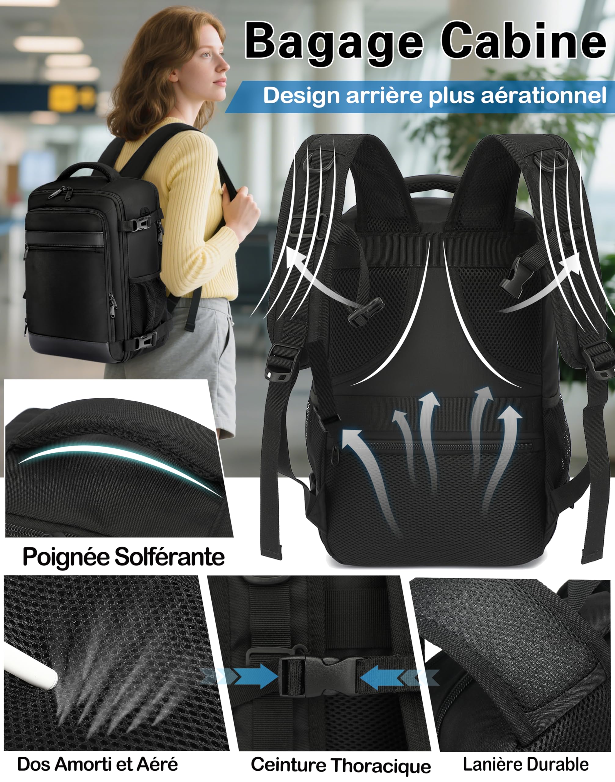 KLOSTAIN Sac a Dos Voyage Cabine Avion 40x20x25 Bagage Cabine pour Ryanair 20 L Femme Homme sous Siège Bagage à Main Petit Sac à Dos pour Ordinateur Portable 14 Pouces Noir