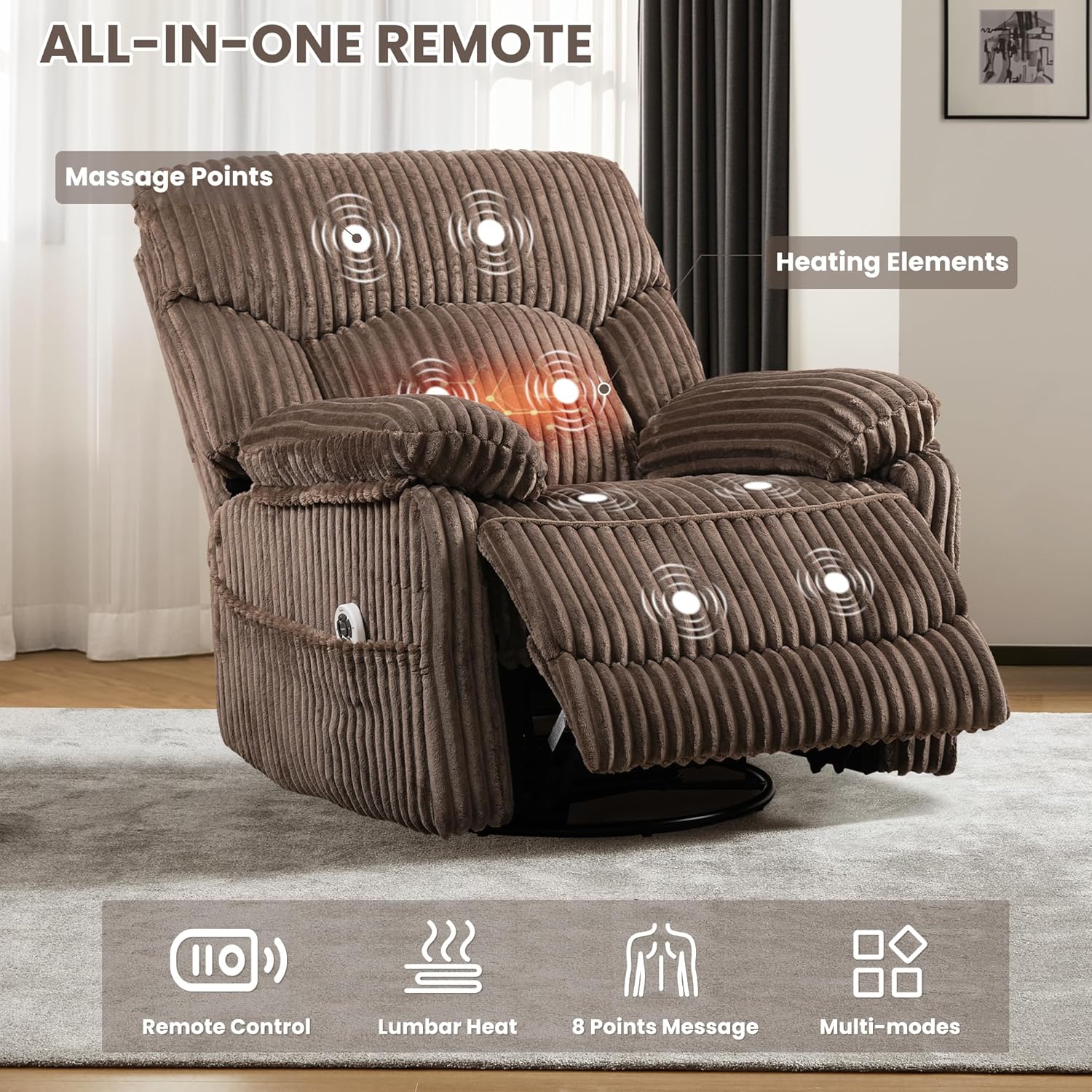 SUNWAVE Power Recliner Chair, Electric Swivel Rocker, Heat & Massage, Hybrid Corduroy, Infinite Position Recliner, USB Remote, Tool-Free Assembly (Brown)