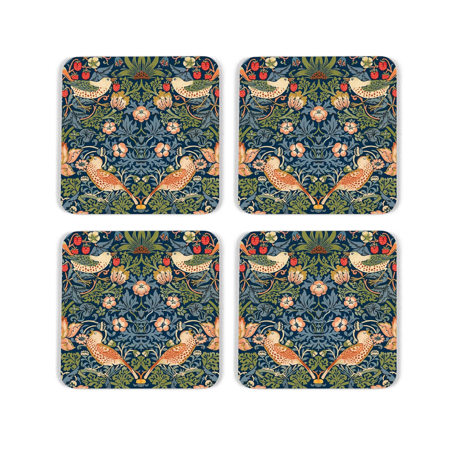 Blue Strawberry Thief Cork Coaster Set - William Morris Artwork Gifts - Set of Four (4) Square Drinks Coasters