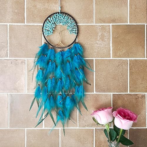 Miniatura 2 de Atrapasueños, Atrapasueños Árbol de la Vida Decoración de Pared, con Piedra de Cristal Curativo Natural, Atrapasueños Perfecto Turquesa Hecho a Mano