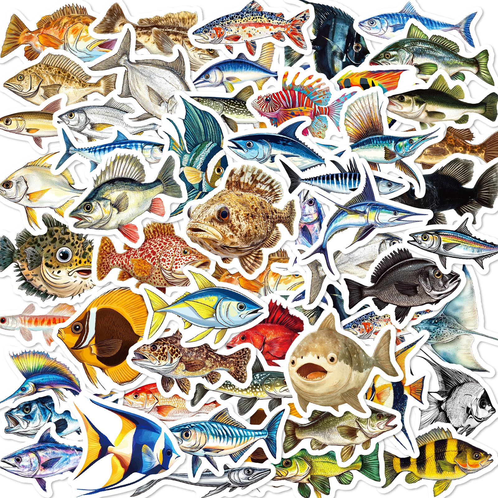50Pcs Cute Fish Stickers, Waterproof Vinyl Stickers for Laptop Water Bottle Skateboard Kindle Scrapbook Journaling Guitar, Graffiti Marine Fish Decals