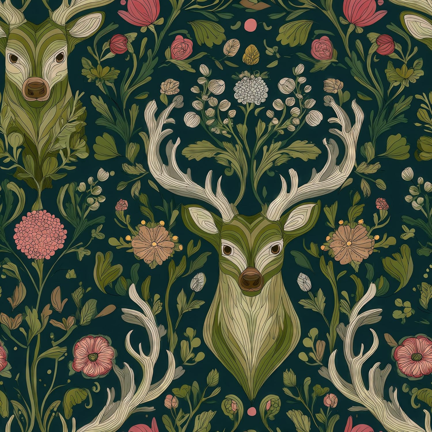 Vintage Folk Art Forest Peel and Stick Wallpaper – Bold Floral & Deer Removable Mural for Cozy Bedroom & Living Room, 17.7×118 Inch