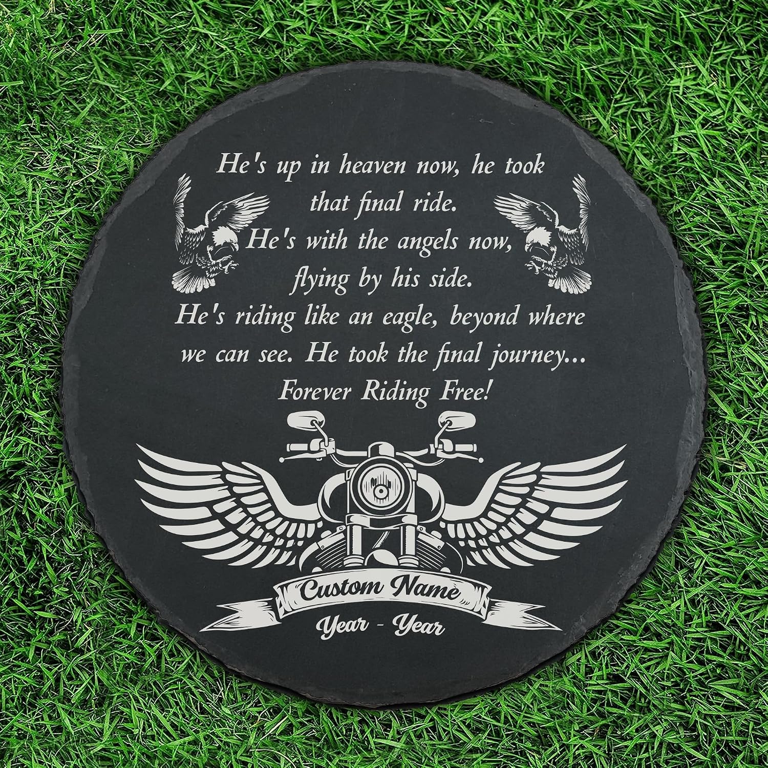 Riding Memorial Stone| Remembrance Gifts for Loss of Dad, Grandpa, Custom Motorcycle with Wings Memorial Stone, Loss of Loved One, Garden Stepping Stone (style 8)