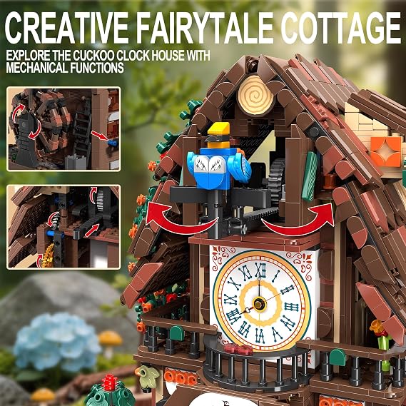 TYCOLE Cuckoo Clock House Building Set 1909 Pieces with Working Clock, Mechanical Pop-Up Bird and Spinning Waterwheel, Home Decoration, Gifts for Boys Girls Adults Ages 8+
