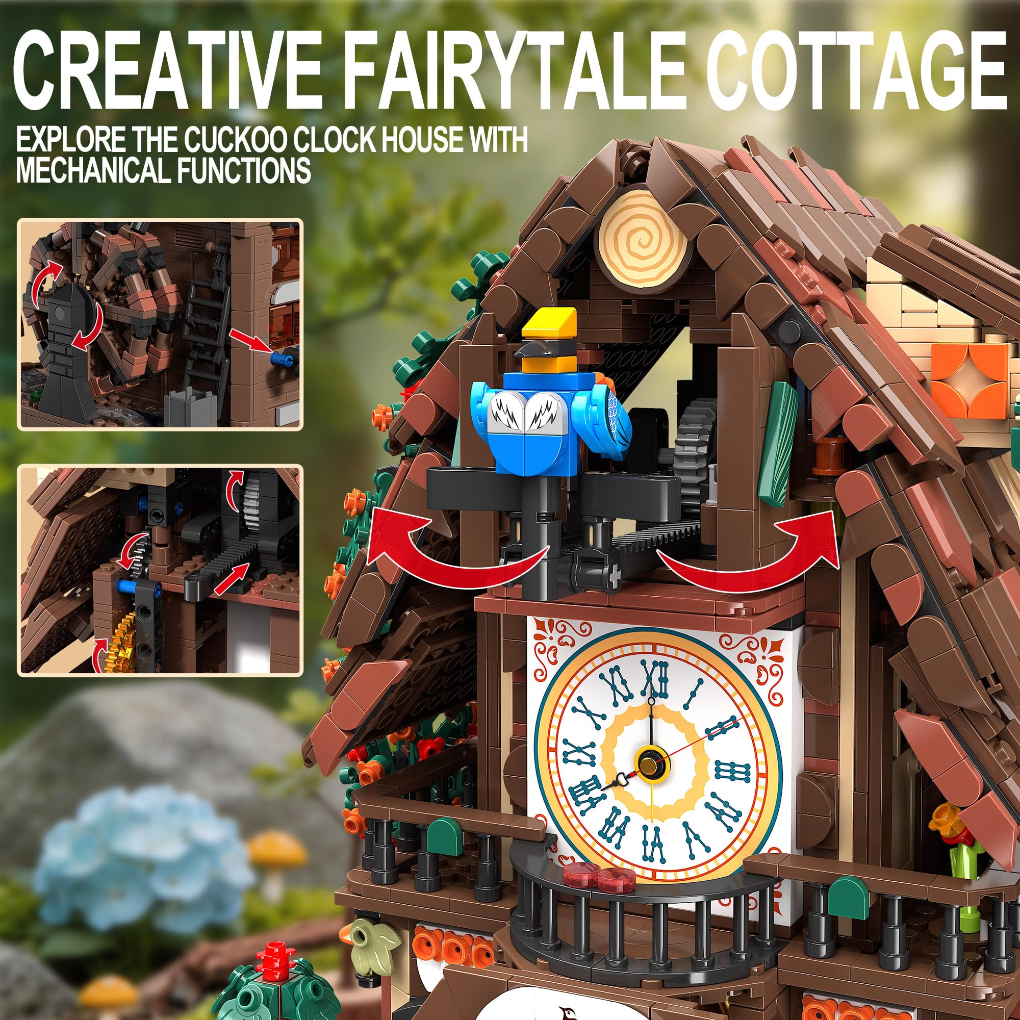 TYCOLE Set di Costruzione Casa con Orologio a Cucù 1909 Pezzi con Orologio Funzionante, Uccello Meccanico Pop-up e Ruota ad Acqua, Decorazioni, Costruzioni per Bambini, Regalo Bambino Bambina 8 Anni