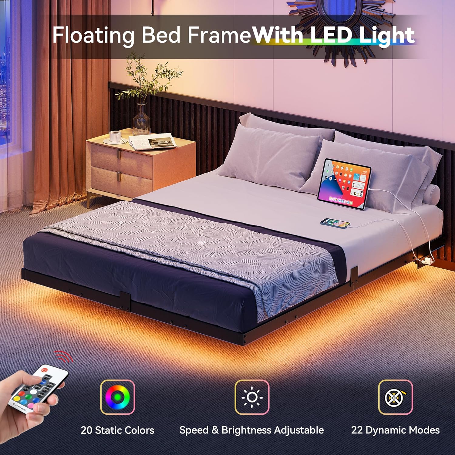 Image showing the bed frame with LED lights and a remote control, highlighting 20 static colors, speed and brightness adjustable, and 22 dynamic modes