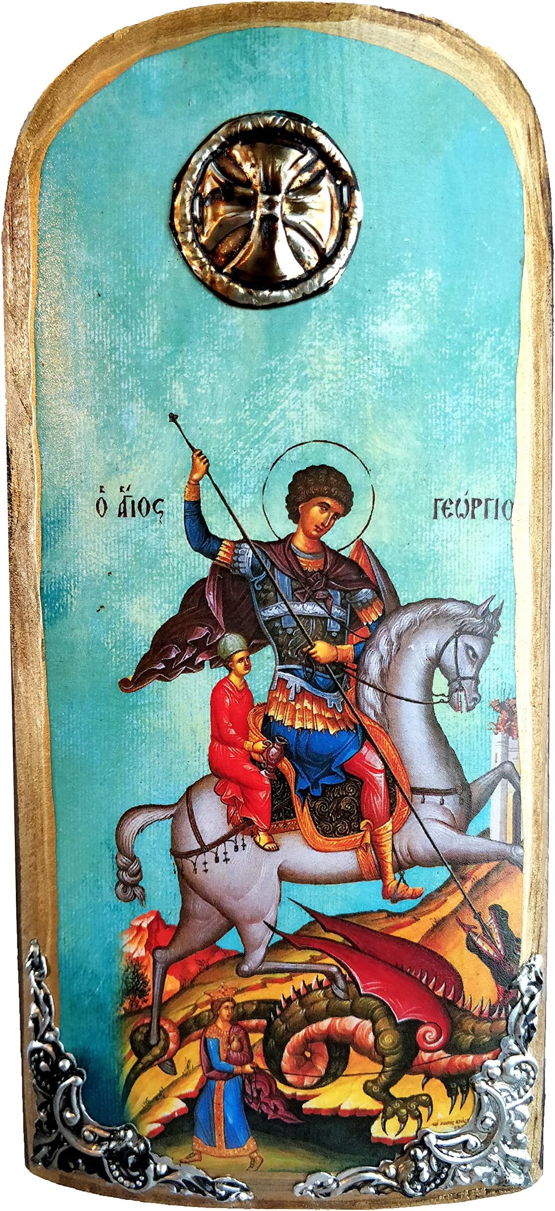 Iconsgr Wooden Greek Christian Orthodox Wood Icon of Saint George Riding His Horse and Slaying The Beast / K30