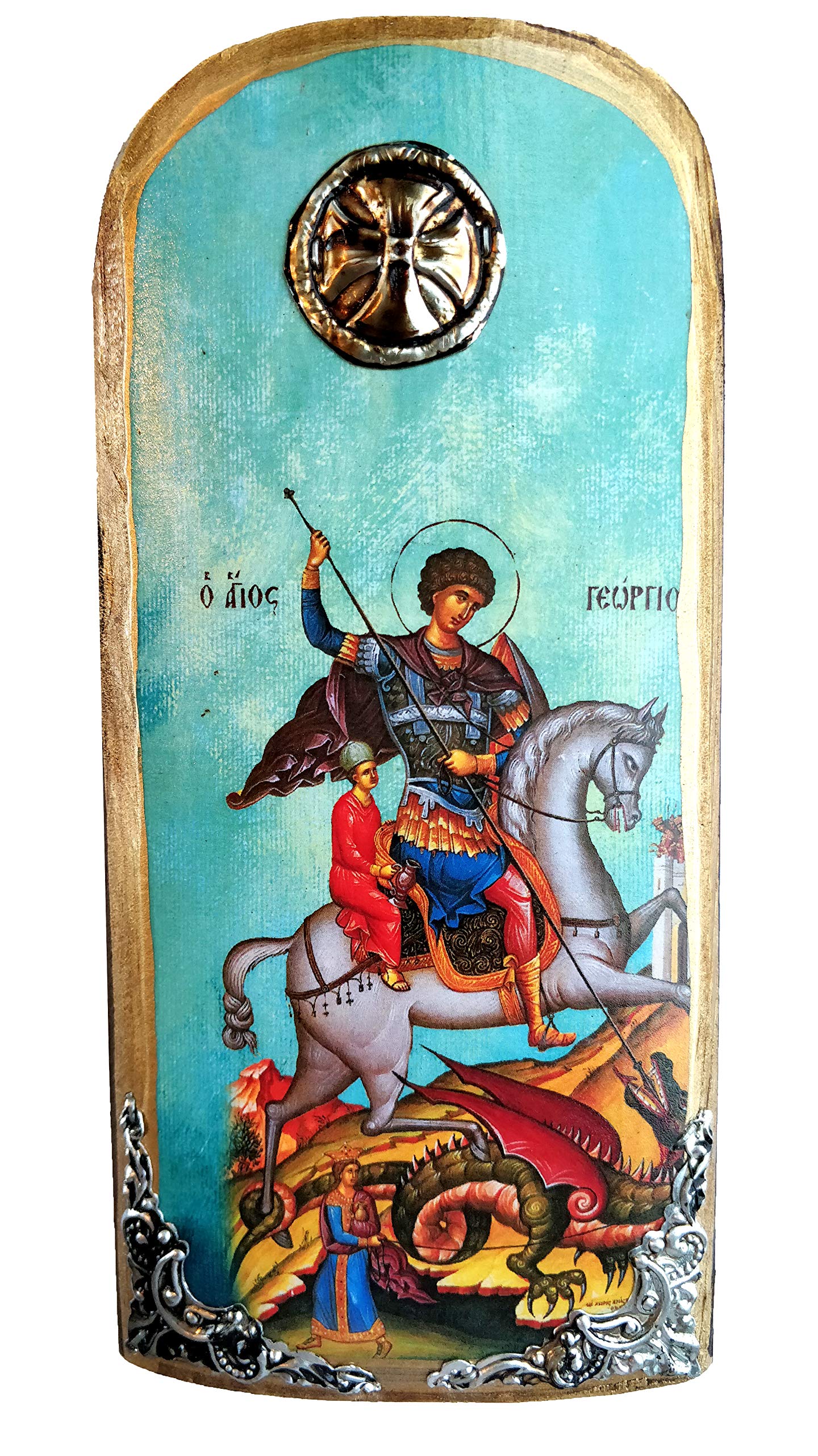 Wooden Greek Christian Orthodox Wood Icon of Saint George Riding His Horse and Slaying The Beast / K30