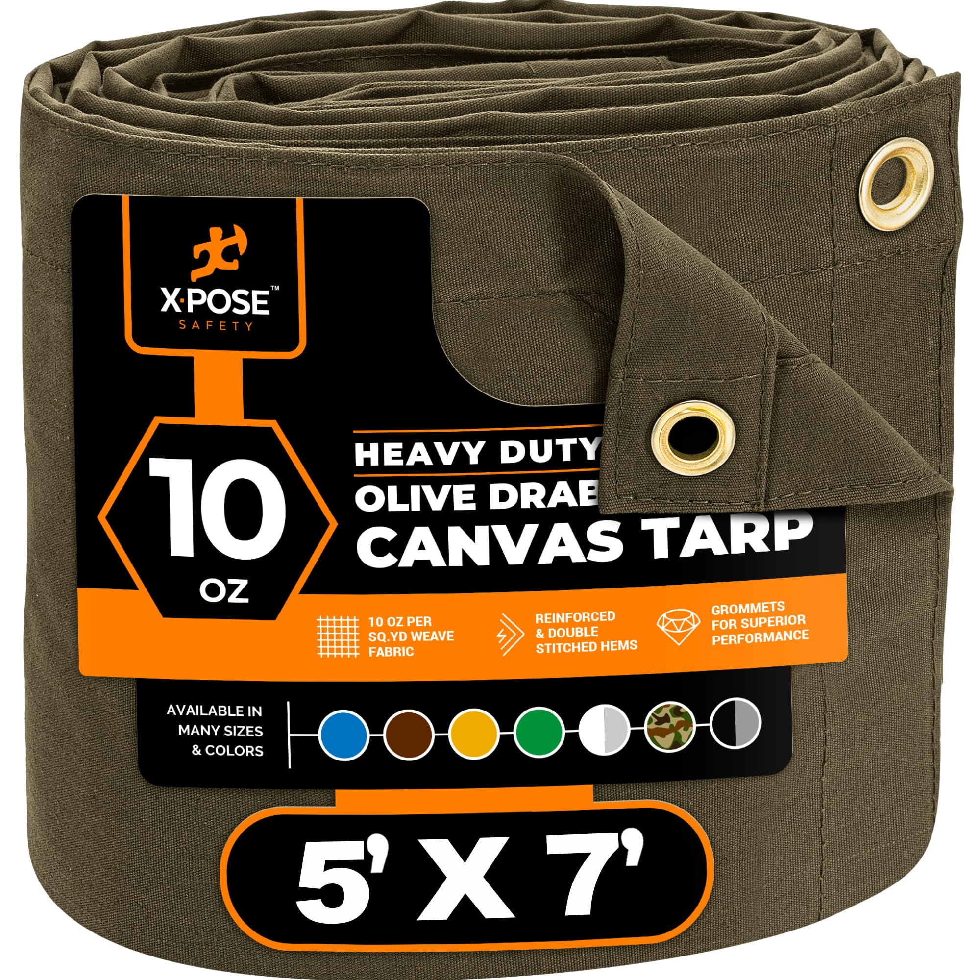 Xpose Safety Canvas Tarp - 10oz Olive Drab Canvas Tarps Heavy Duty Water Resistant with Brass Grommets- Multipurpose Outdoor Tarpaulin for Camping, Canopy, Trailer, Equipment Cover 5' x 7' — image 1