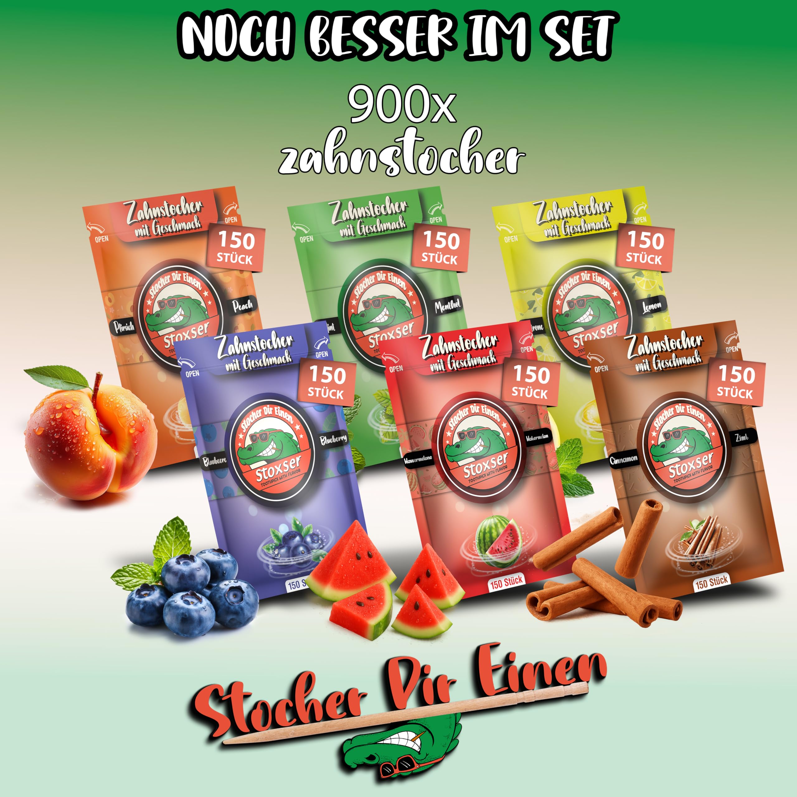 Stoxser 900x Zahnstocher mit Geschmack 6er Pack Pfirsich und Blaubeere und Zitrone/Lemon und Mint/Menthol Wassermelone/Zimt Geschmacksrevolution Zahnstocher Geschmack Kein Kaugummi Zuckerfrei