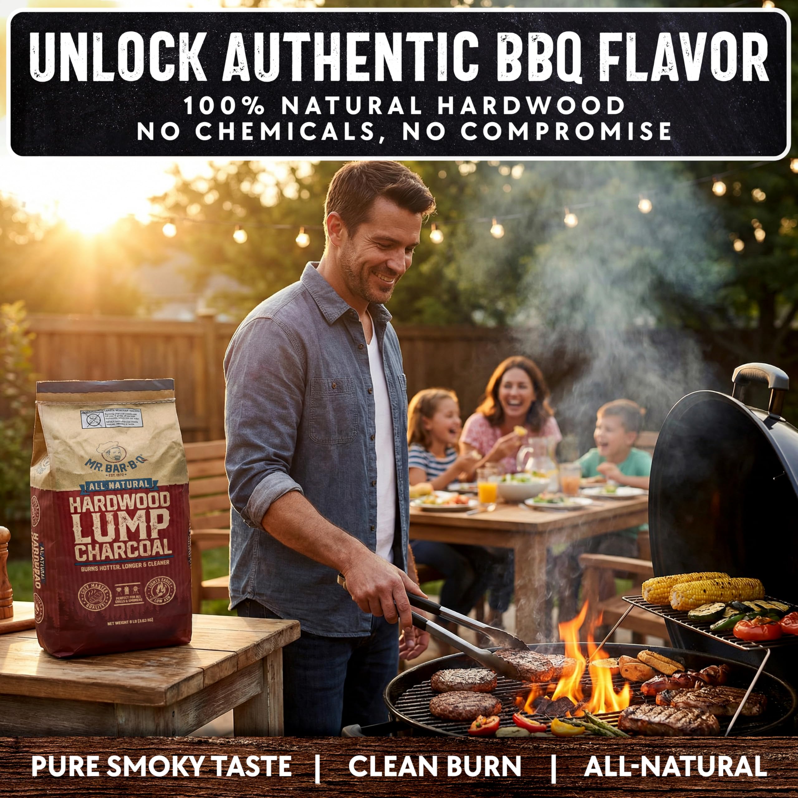 Mr. Bar-B-Q - Carbón de madera dura natural, fácil de encender y baja ceniza, se quema más caliente, más largo y más limpio para parrillas de madera dura natural para asar, ahumar, Kamado y parrillas