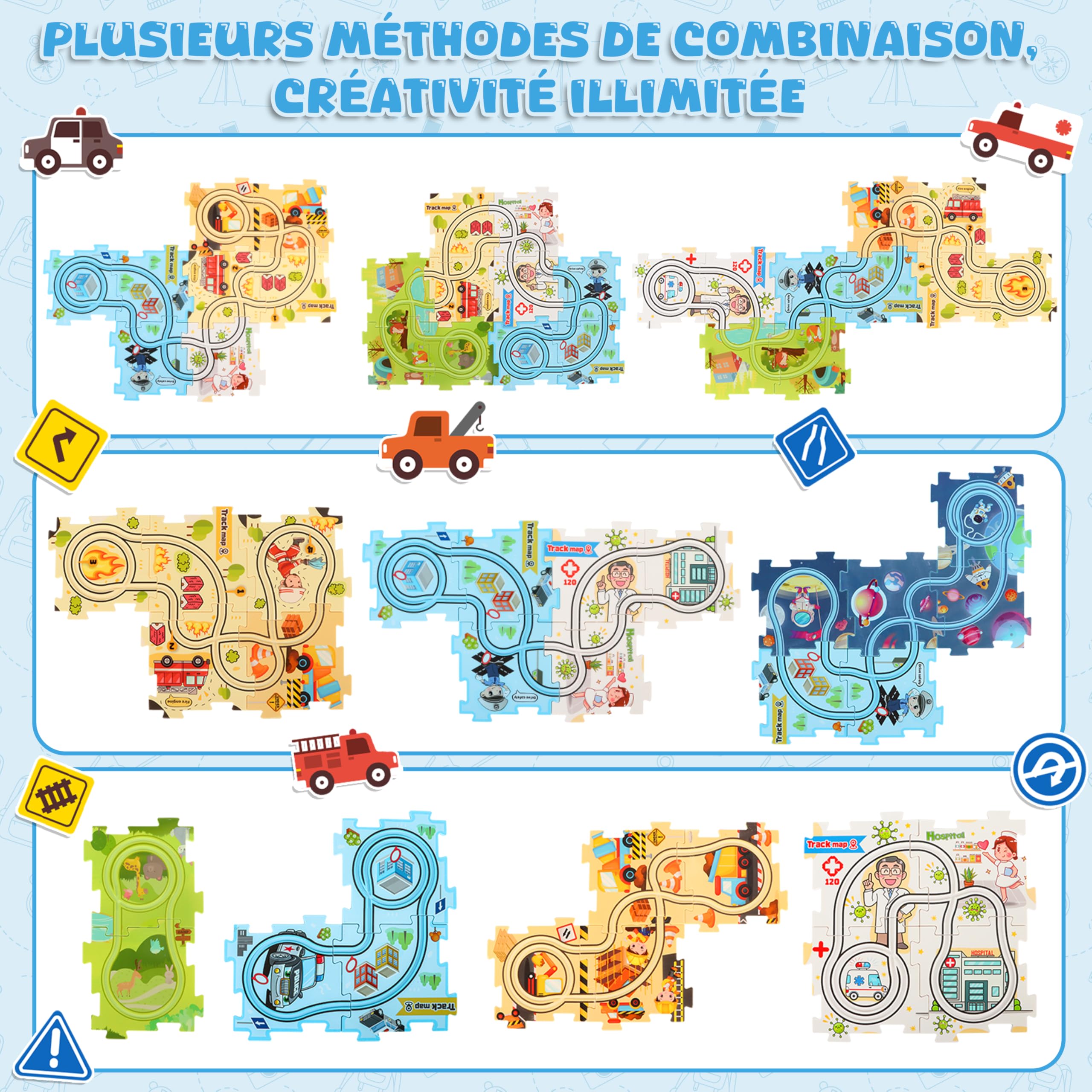 Charmofun 6 Styles Circuit Voiture Enfant, Jeux Éducatif pour Enfants 3 4 5 6 7 Ans, DIY Puzzle Piste de Course avec 6 Voitures Jouets, Cadeau pour Garçon Fille 3+ Ans